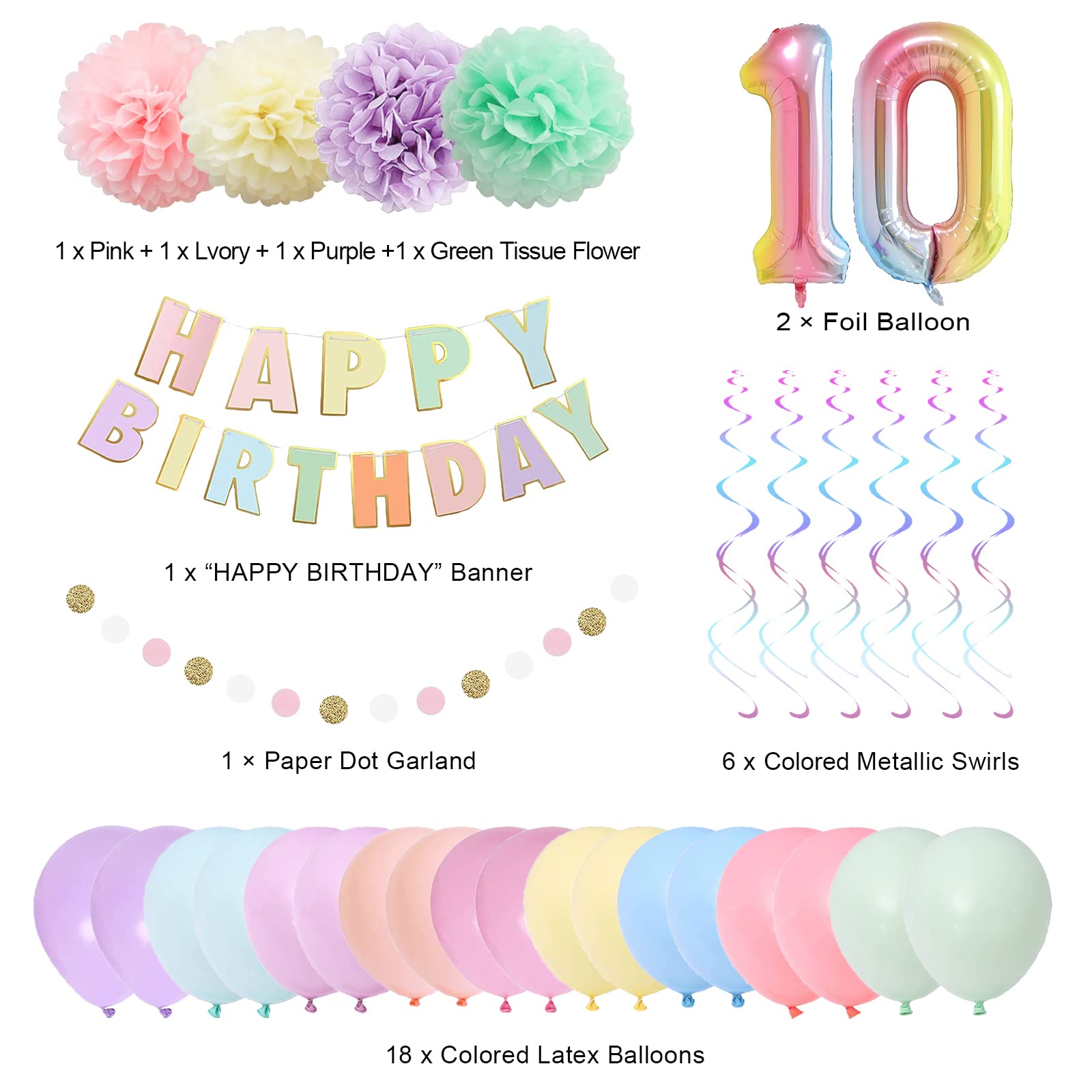 BRT Bearingshui 10th Birthday Party Decorations for Girls & Boys – 40 Inch Rainbow Gradient Number 10 Balloon, Happy Birthday Banner & Kids Party Supplies | Perfect for 10th Birthday Celebrations, Themed Parties & Milestone Decor
