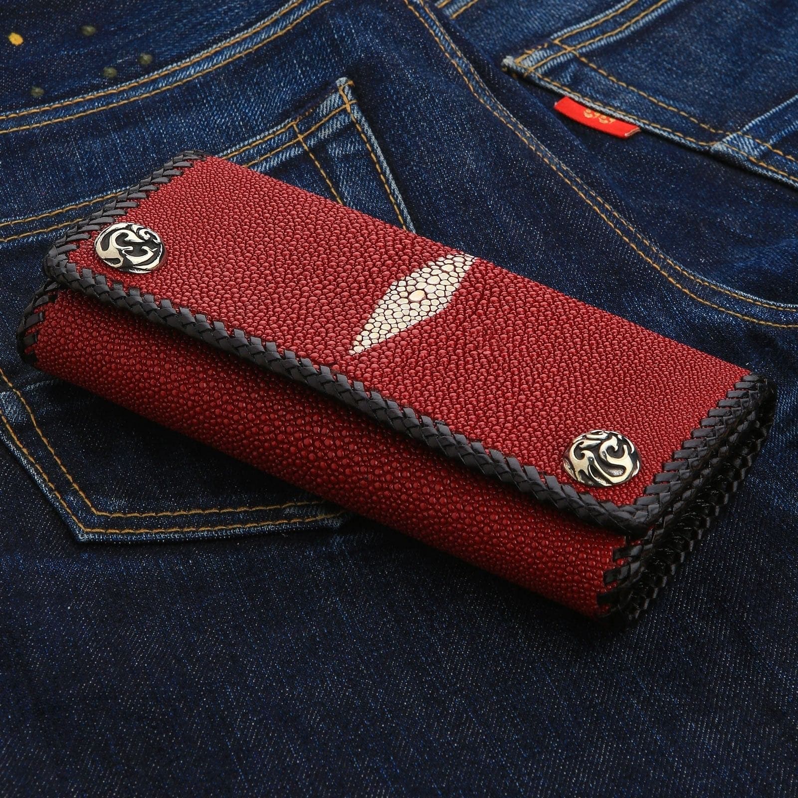 Genuine Stingray Skin Leather Trifold Biker Wallet for Men - Durable RFID Blocking Motorcycle Wallet - Perfect for Bikers, Travel & Everyday Use