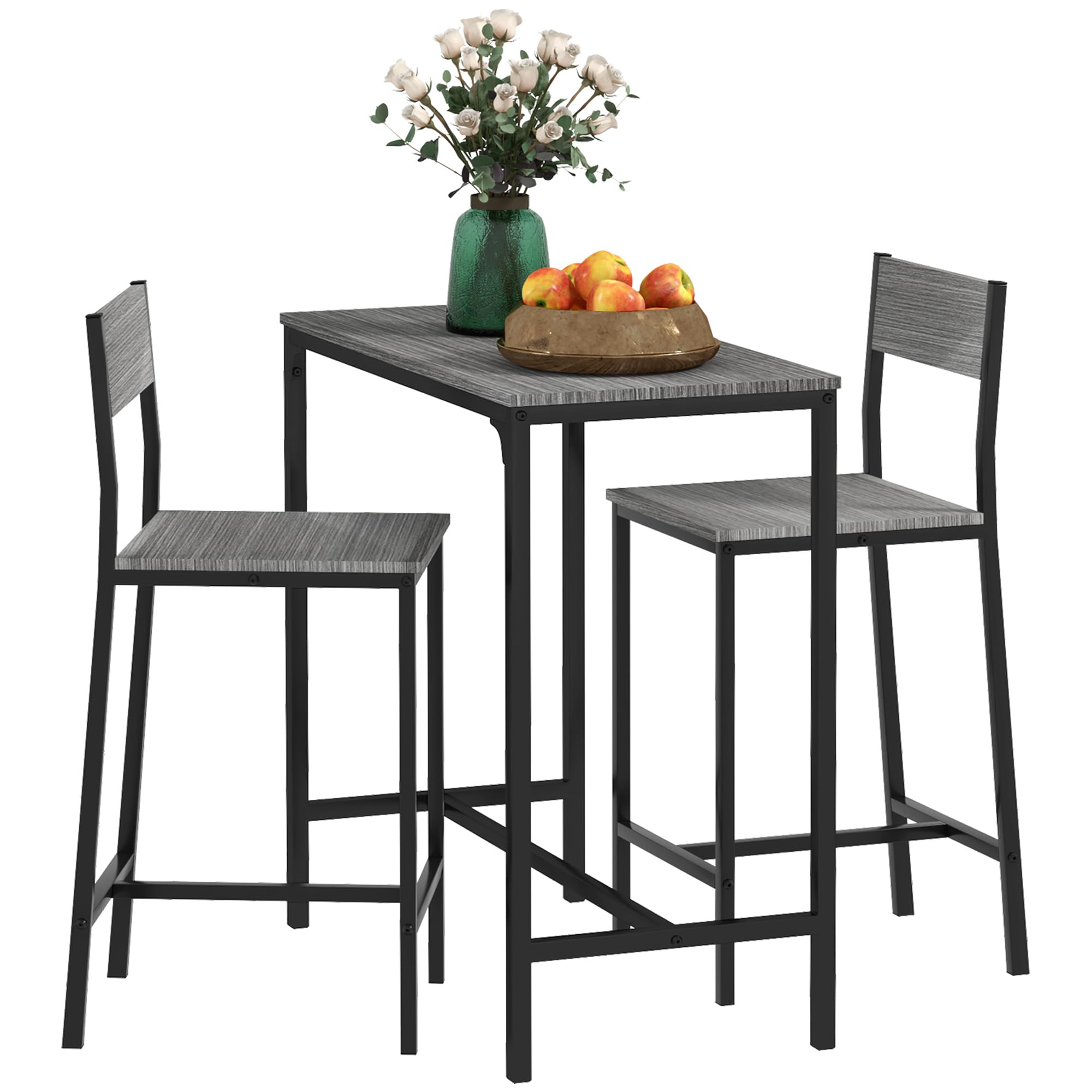 HOMCOM 3-Piece Industrial Bar Table and Chairs Set - Counter Height Kitchen Dining Table with 2 Bar Stools, Small Space Breakfast Nook Set in Gray - Perfect for Apartments, Kitchens & Compact Dining Areas