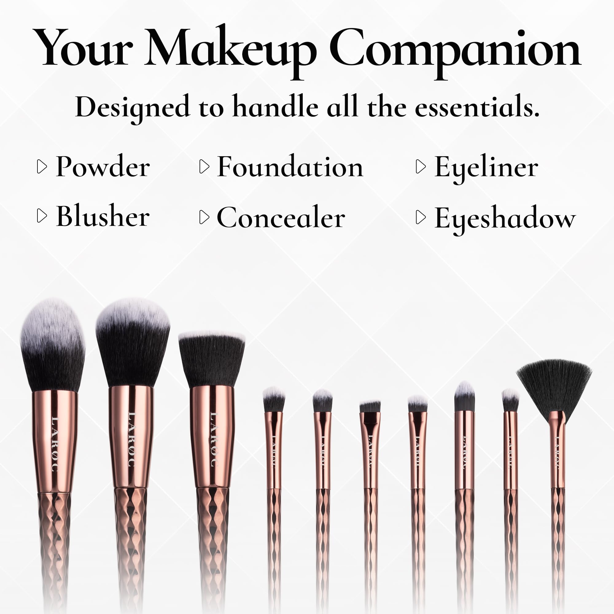 LaRoc 10-Piece Professional Diamond Makeup Brush Set - Concealer, Powder, Eyeliner & Eyeshadow Brushes for Full Face Coverage - Perfect for Makeup Artists & Beauty Enthusiasts - Great for Contouring, Highlighting & Everyday Makeup Application