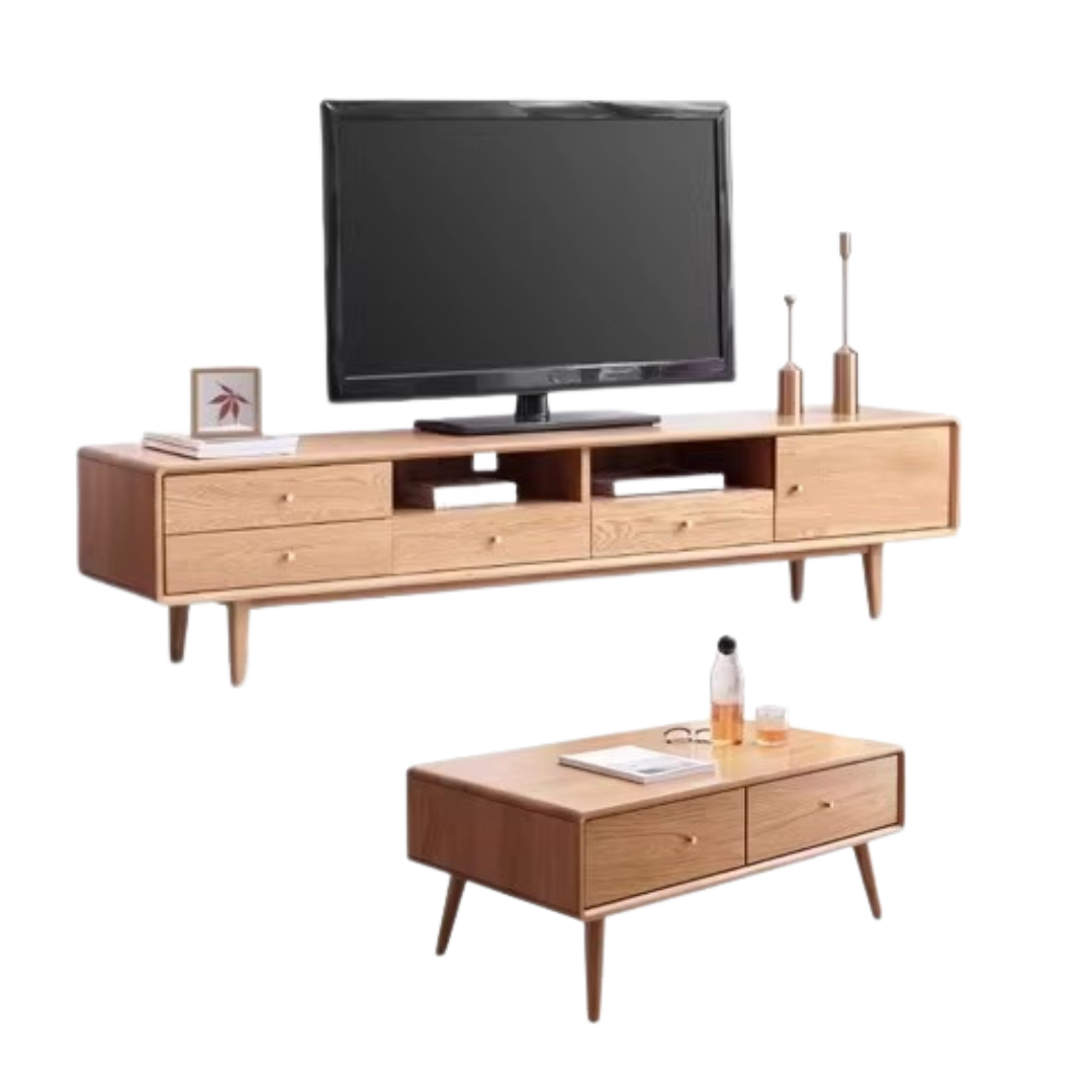 Solid Oak Wood TV Stand - Modern Entertainment Center with Storage Shelves for Living Room, Bedroom & Home Theater