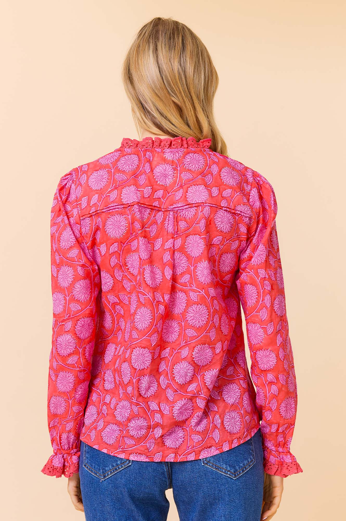 Rosie Organic Cotton Block Print Blouse - Lotus Red & Pink Floral Embroidered Top for Women | Boho Chic Summer Outfit, Casual Wear & Festival Fashion