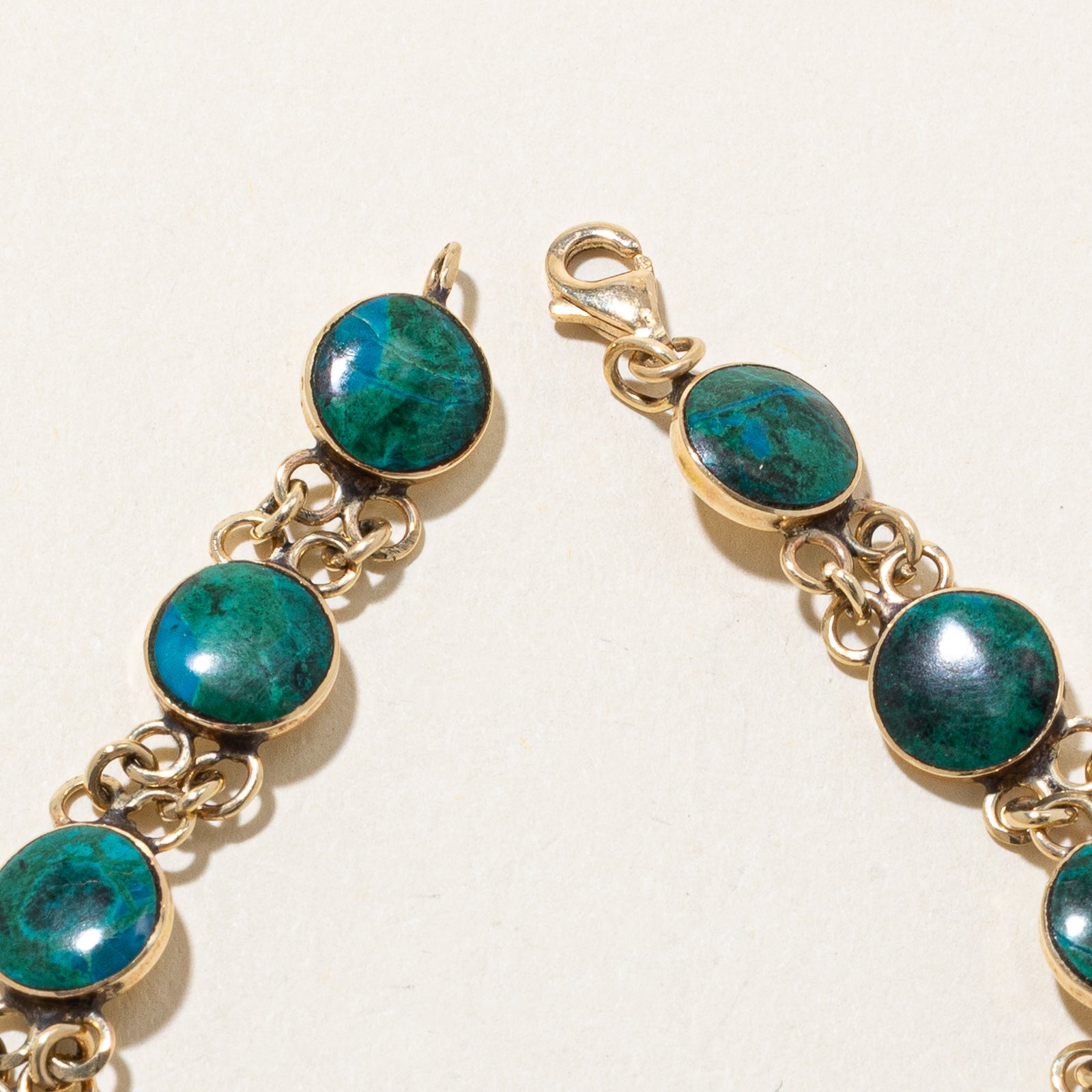 14K Gold Bezel Set Chrysocolla Gemstone Chain Bracelet | 8.25 Carat Total Weight | 6.75 Inches | Elegant Handmade Jewelry for Women, Gift for Birthday, Anniversary & Special Occasions