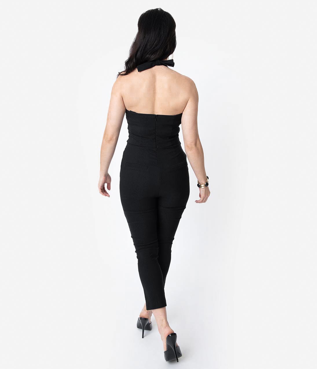 Vintage 1950s Black Halter Marcel Jumpsuit - Retro Pin-Up Style One-Piece Outfit for Women | Perfect for Parties, Cosplay & Vintage Fashion Lovers