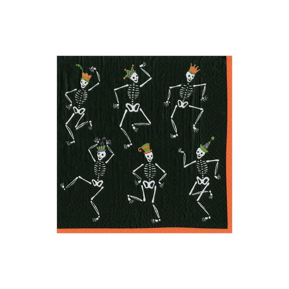 Caspari Dancing Skeletons Black Paper Cocktail Napkins - Pack of 20 for Halloween Party, Spooky Decor, and Themed Events