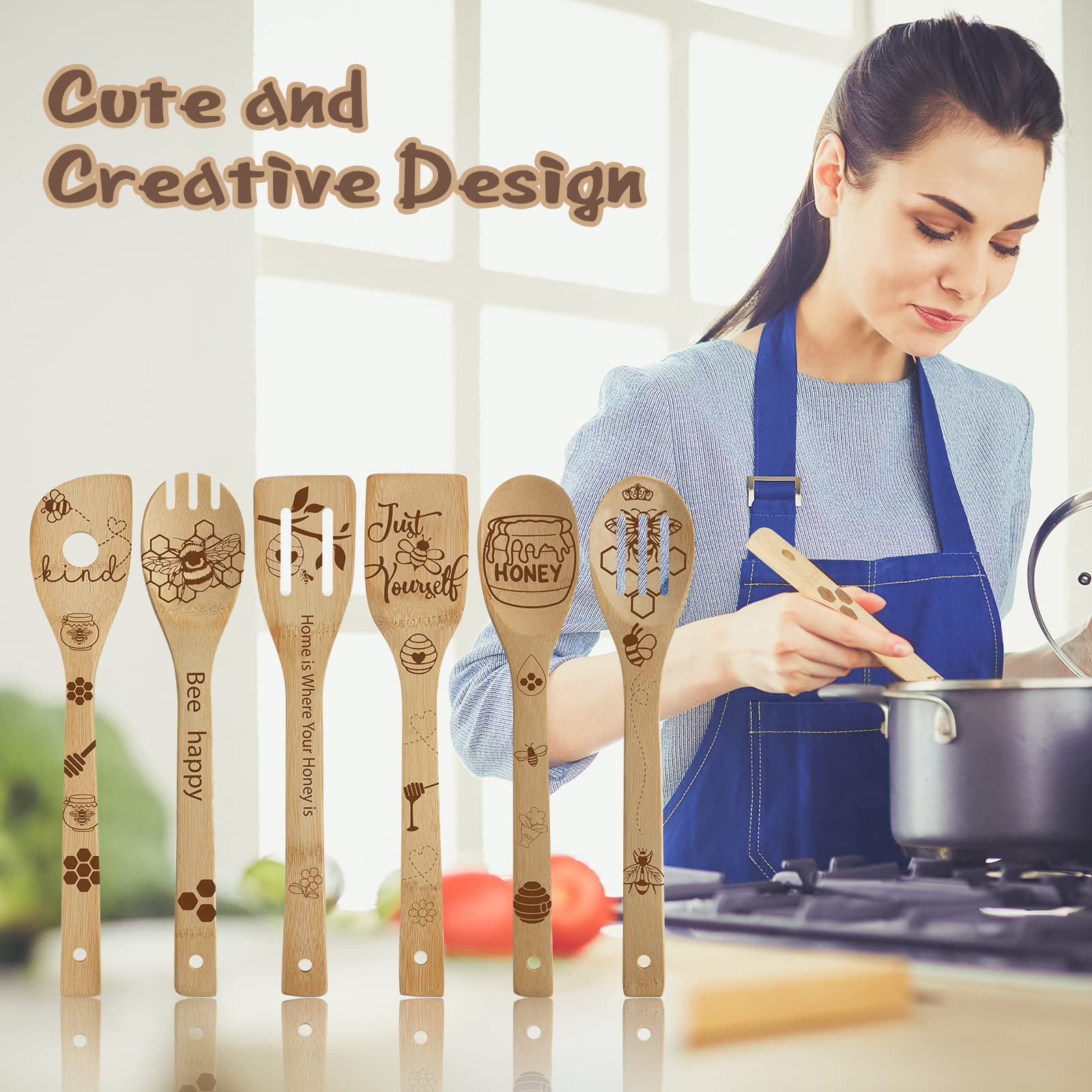 Bee Wooden Spoons Set - 6Pcs Honey-Themed Kitchen Utensils for Cooking, Baking & Wedding Gifts