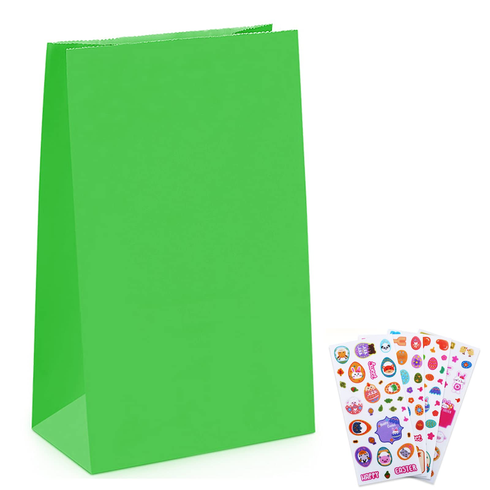 Nexmint 9-Inch Green Gift Bags (12-Pack) with 4-Sheet DIY Spring Stickers - Party Favor Bags, Treat Bags & Goodie Bags for Easter, Birthday Celebrations & Classroom Rewards