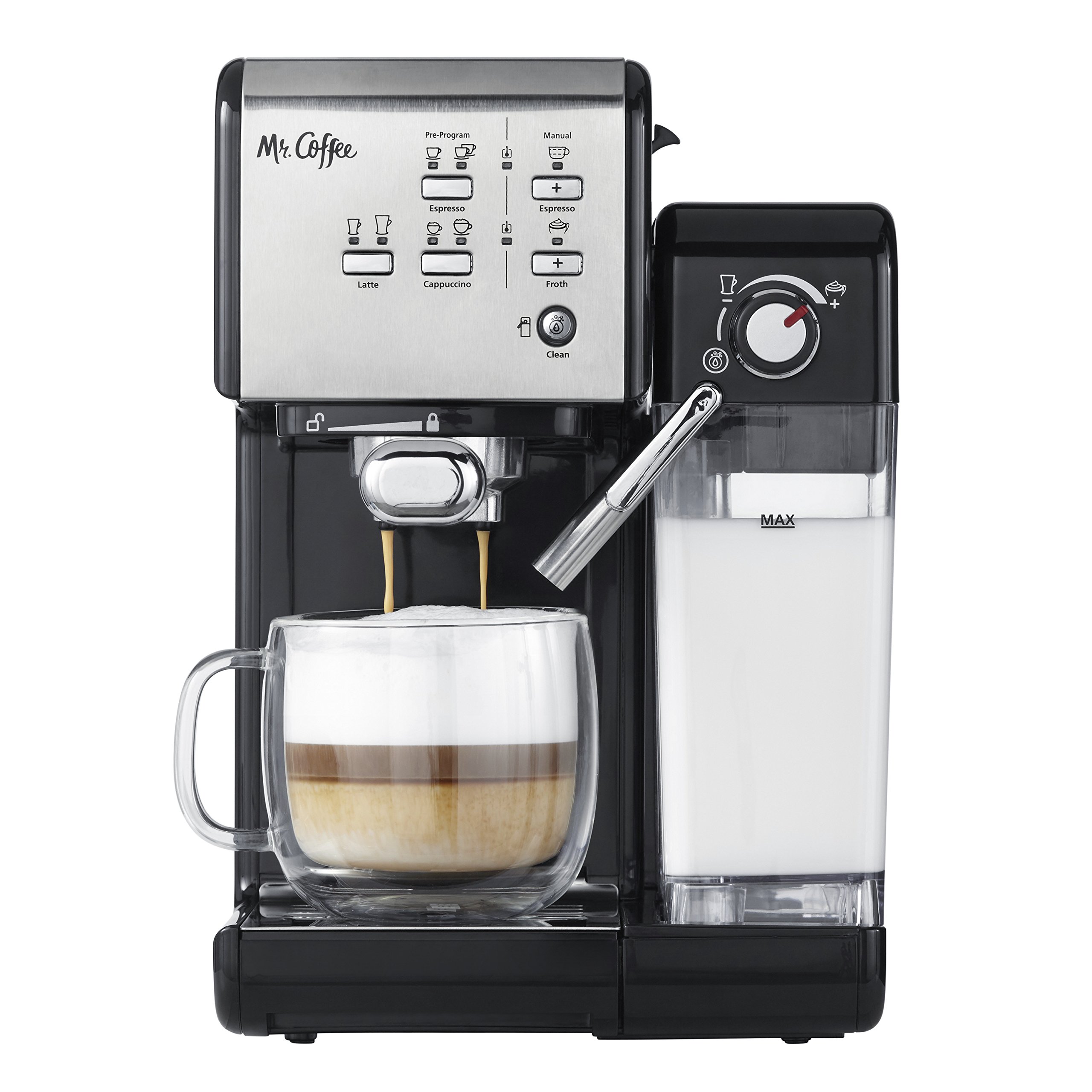 Mr. Coffee 12-Cup Programmable Espresso & Cappuccino Maker with Automatic Milk Frother, 19-Bar Pressure Pump - Stainless Steel Coffee Machine for Home, Office & Cafe Use