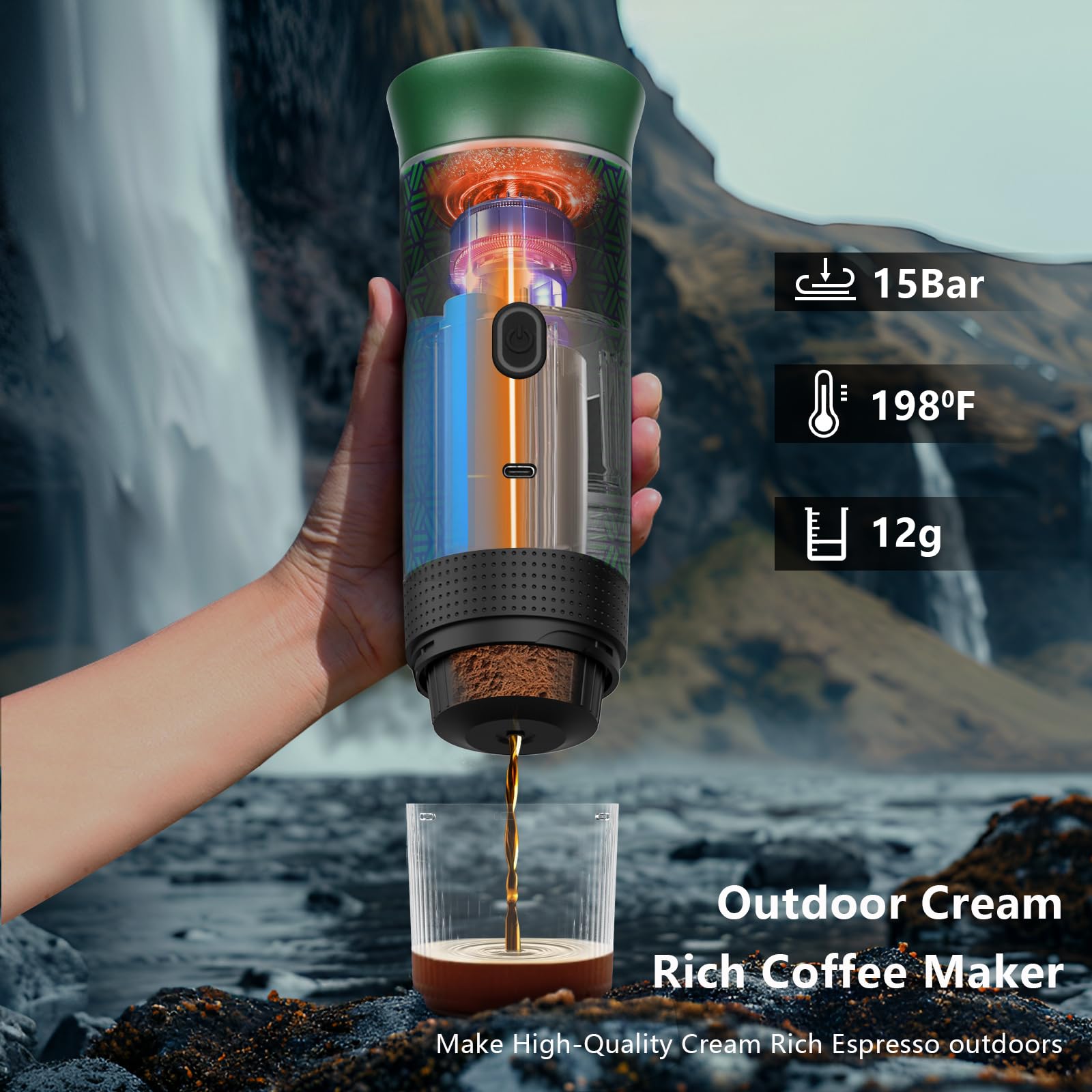 Portable Electric Espresso Machine - Battery Powered Rechargeable Coffee Maker for Camping, Travel, RV & Hiking - Works with Ground Coffee & Capsules - Self Heating Fast Brewing - Green & Black Design - Perfect for Outdoor Adventures, Road Trips and Office Use