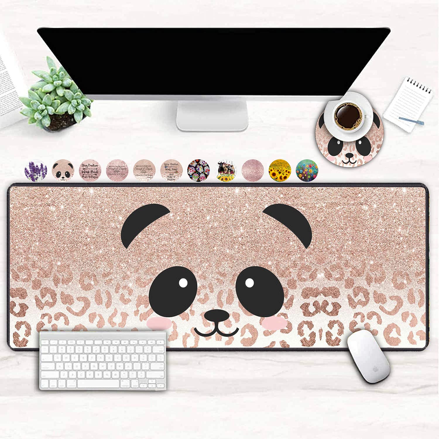 XXL Large Gaming Mouse Pad - Extended Ergonomic Computer Desk Mat with Non-Slip Rubber Base, Thick Keyboard Cover & Cup Coaster (Panda Face Leopard Star Design) - Perfect for Gaming, Office Work & Home Computer Setup