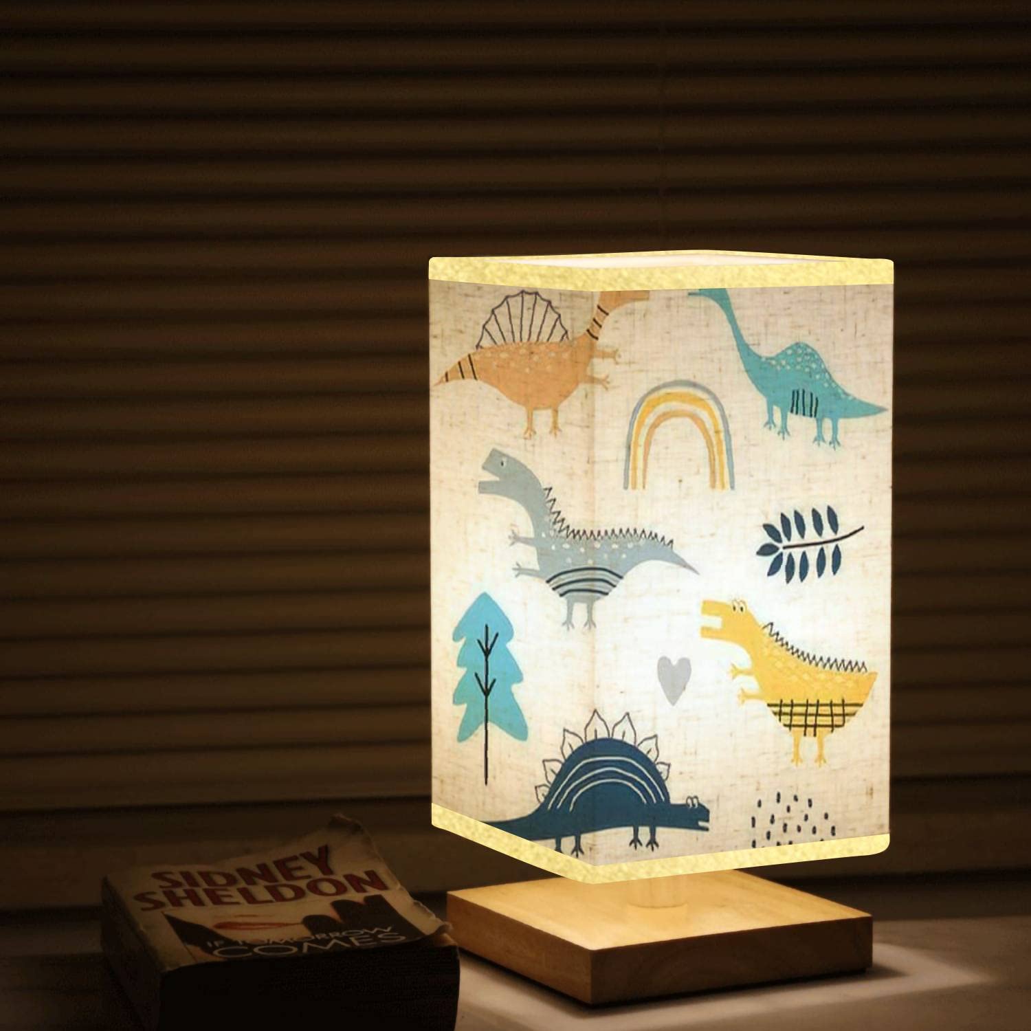 Dimmable Square Bedside Table Lamp with Wooden Dinosaur Base & Flaxen Fabric Shade - Scandinavian Design Nightstand Lamp for Bedroom, Living Room, Office | Perfect Reading Light & Cozy Atmosphere Creator