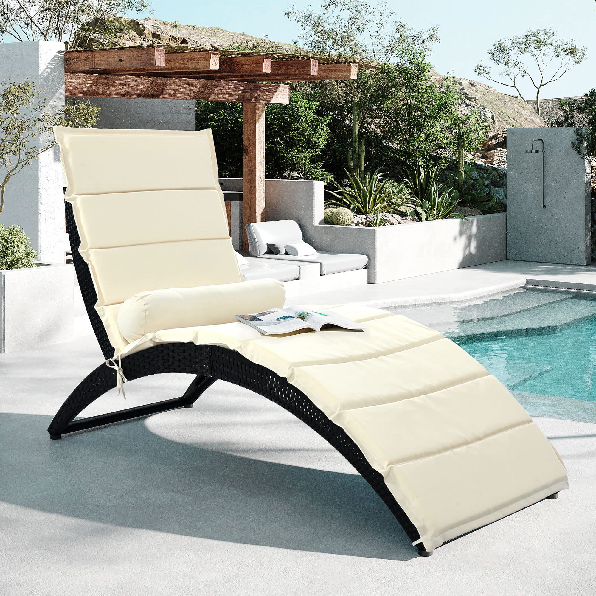 Foldable PE Rattan Sun Lounger Chair with Removable Cushion & Pillow - Outdoor Patio Furniture for Backyard, Garden, Poolside, Balcony - Wicker Chaise Lounge for Relaxing in Black & Beige