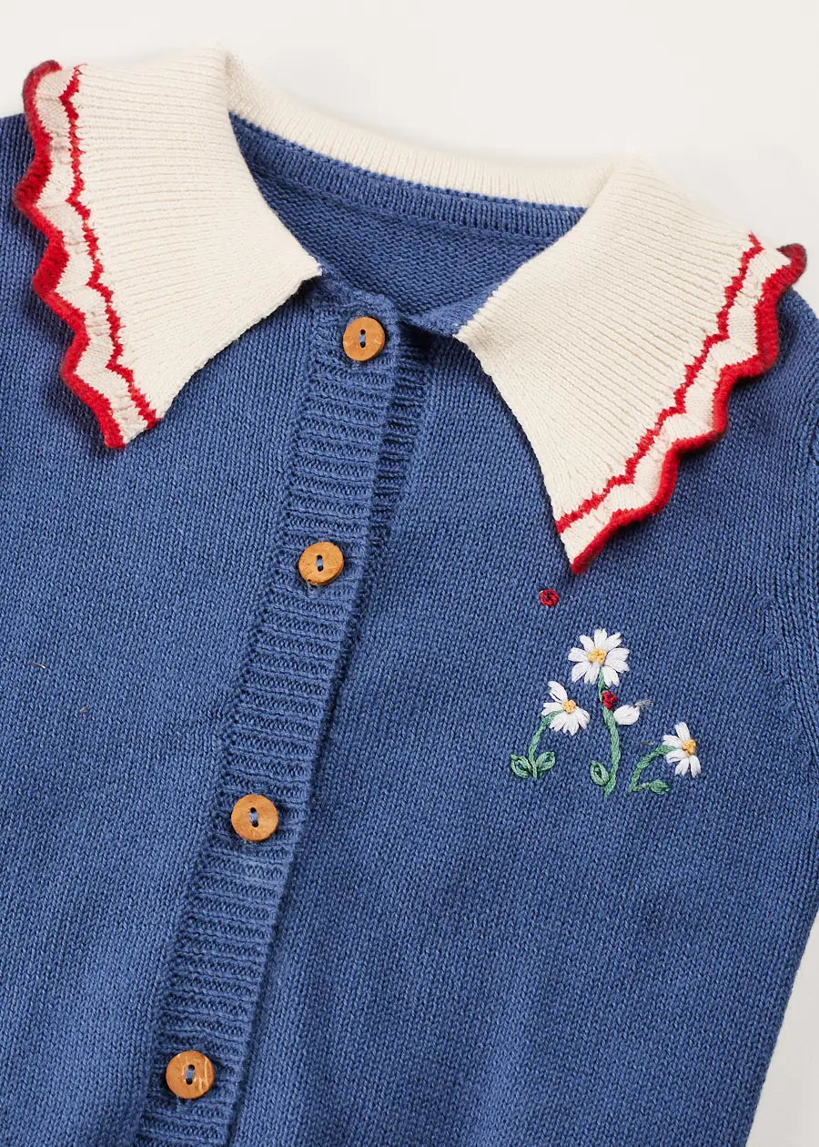 Navy Floral Embroidery Statement Collar Cardigan for Girls (2-10 Years) - Perfect for School, Parties & Special Occasions