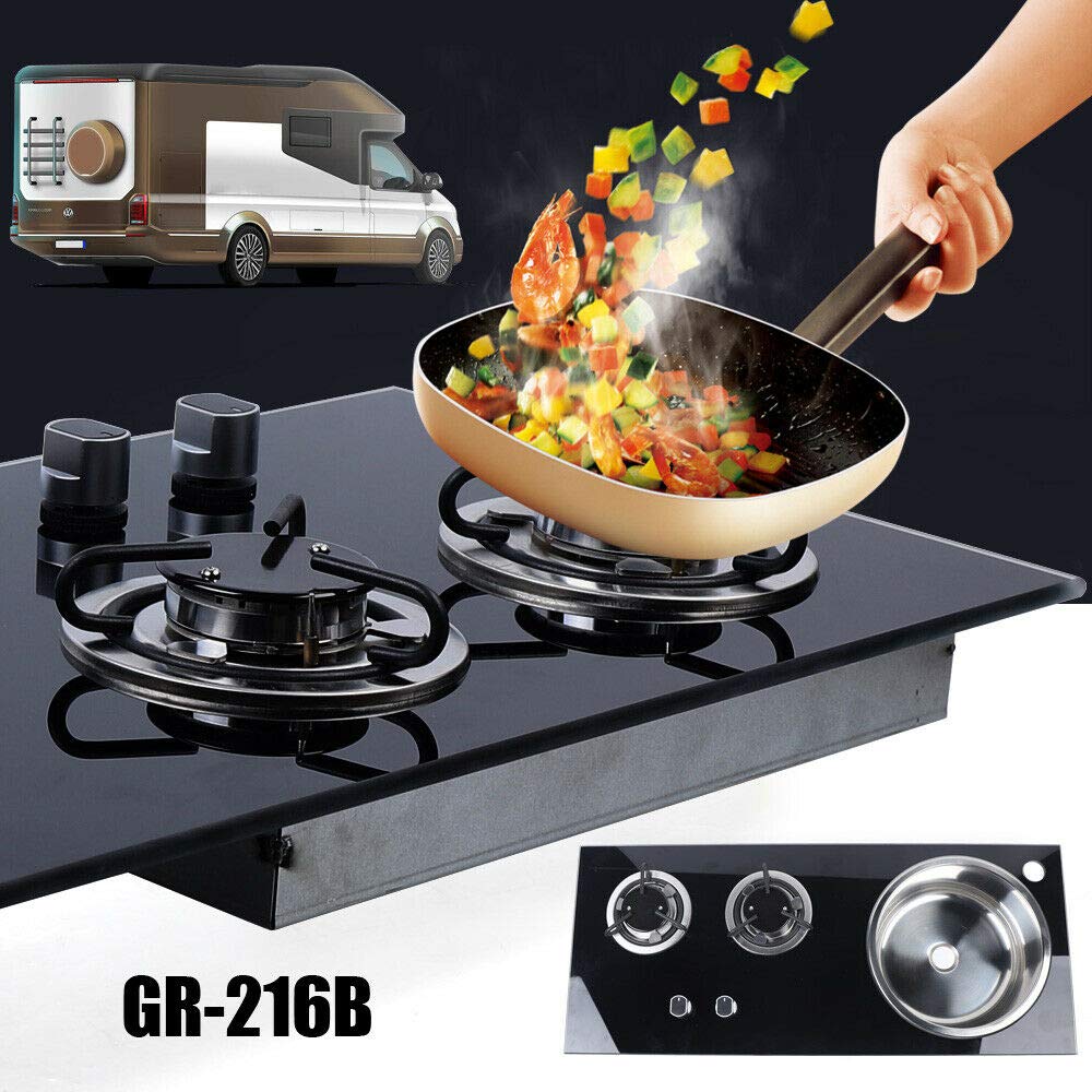 2 Burner Gas Cooktop with Sink - Tempered Glass LPG Stove for RV, Boat, Camper & Caravan | Easy Clean Design | Perfect for Outdoor Cooking, Small Apartments & Mobile Living