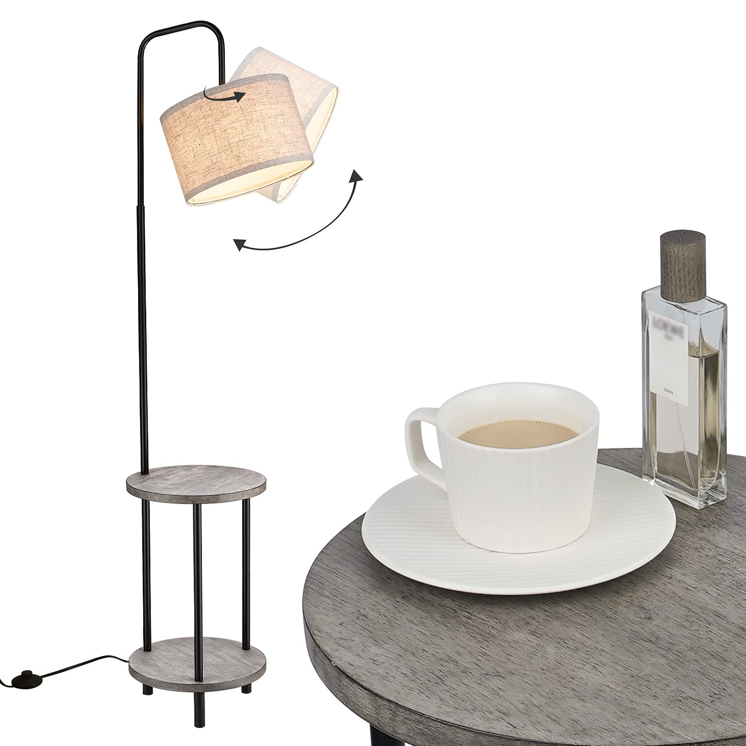 ELYONA Rubber Wood Floor Lamp with Side Table - Mid Century Modern Rustic Standing Light for Bedroom, Living Room & Farmhouse Decor - Industrial Tall Pole Reading Lamp in Grey - Perfect for Cozy Reading Nooks & Nightstand Lighting