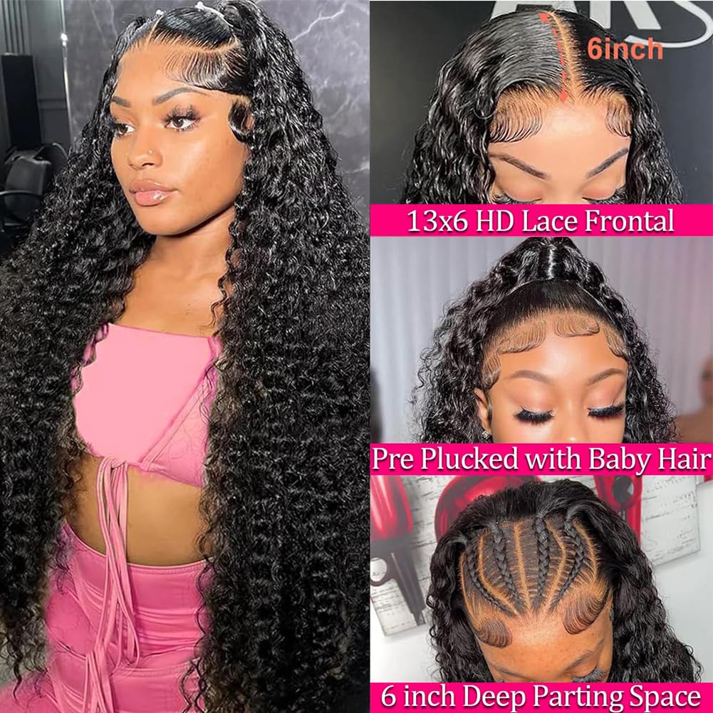 13x6 Deep Wave Lace Front Wigs Human Hair 32 Inch 200% Density HD Glueless Deep Curly Lace Frontal Wigs for Women - Pre Plucked with Baby Hair Natural Black | Perfect for Daily Wear, Parties, Cosplay & Special Occasions