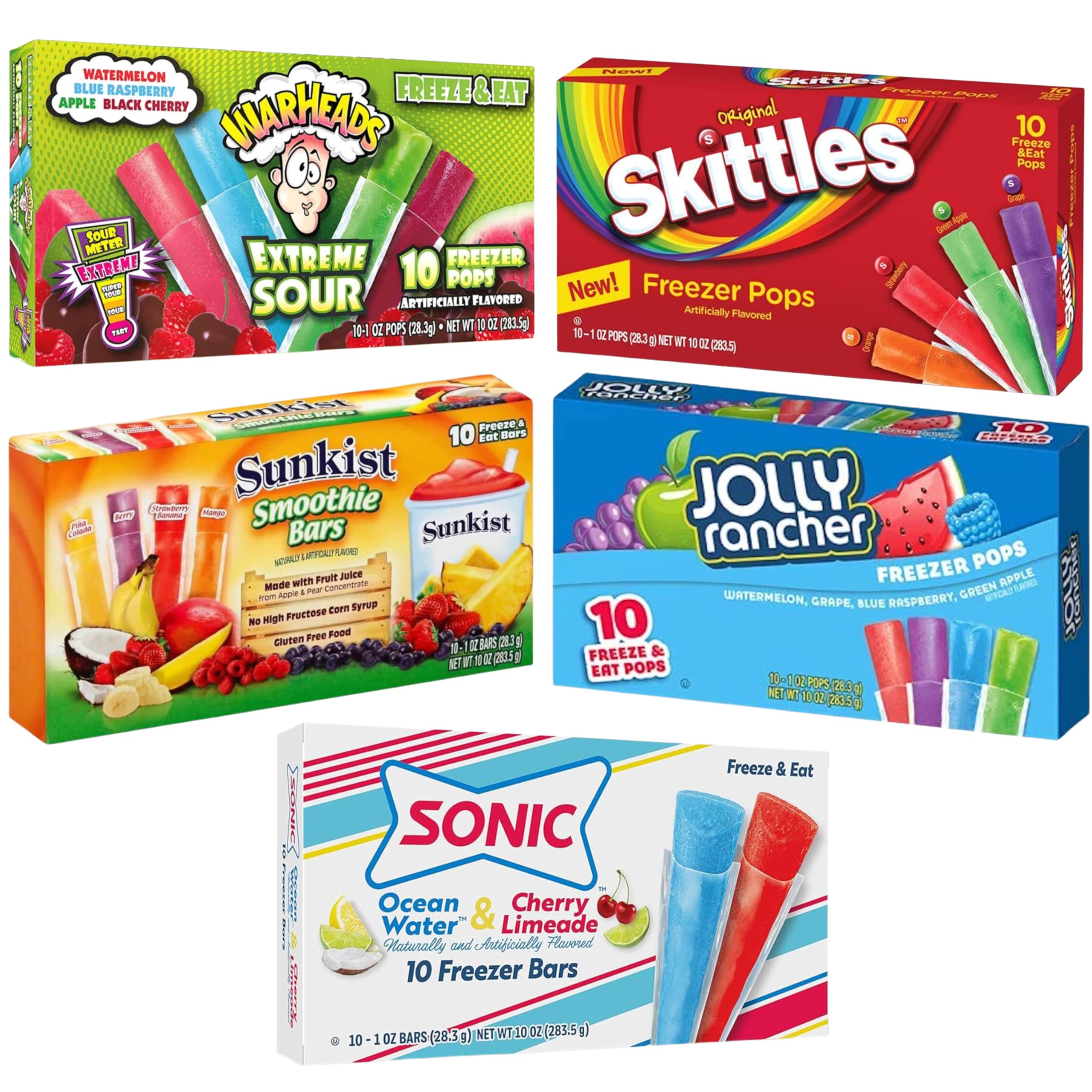 Best Freezer Pops Variety Pack - 5 Boxes Assorted Ice Pops (Warheads, Sonic, Skittles, Jolly Rancher, Sunkist) - Perfect for Summer Parties, BBQs & Family Treats