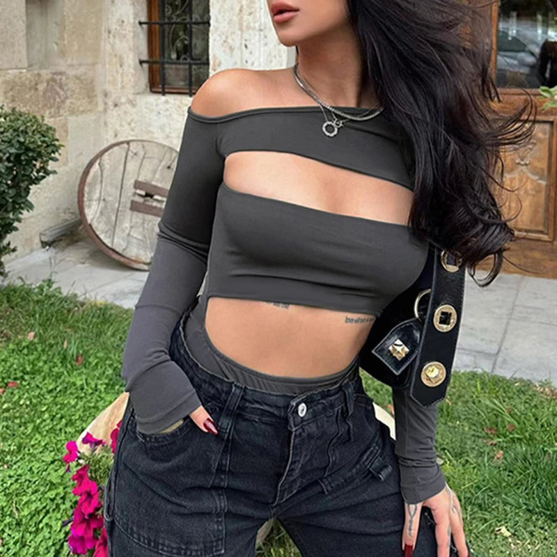Sexy Black Asymmetrical Skinny Bodysuit for Women - Diagonal Collar Cut Out Catsuit Solid Jumpsuit | Club Party Outfit, Night Out Fashion, Date Night Look