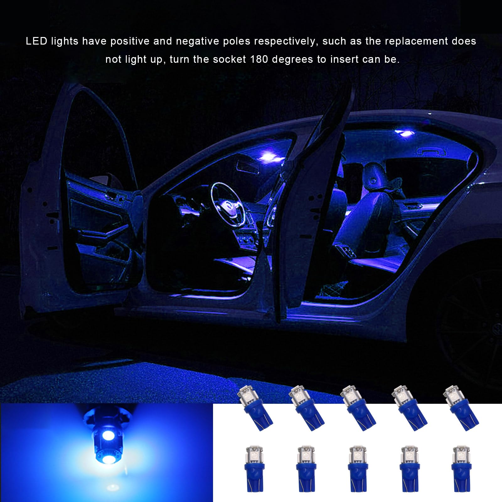 10 PCS T10 5050 5SMD LED Car Interior Light Bulbs - Super Bright Blue LED Replacement Bulbs for Dashboard, Dome, Map, Door, License Plate Lights | Perfect for Night Driving & Car Customization