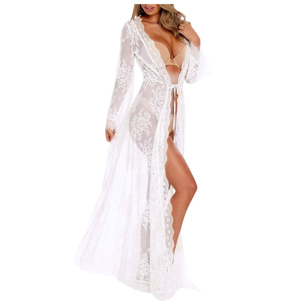 Women's Loose Long Sleeve Lace Cover Up - Scalloped Hem Sheer Beach Dress for Swimwear, Pool Party & Summer Vacation