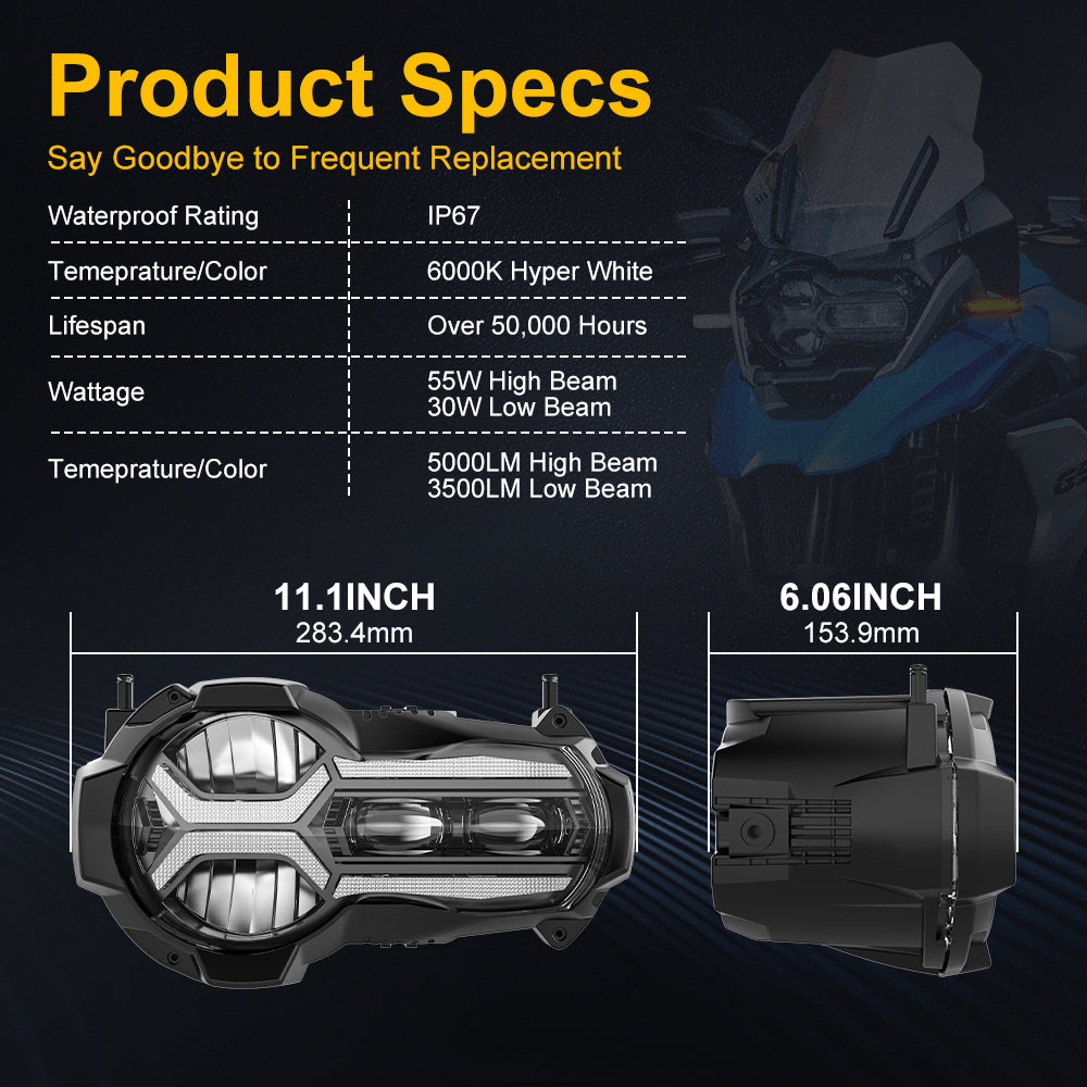 LOYO LED Headlight with Hi/Lo Beam & DRL for BMW R1200 GS R1250 (2014-2019) - E-Mark Approved - High Visibility Motorcycle Headlight for Night Riding & Adventure Tours