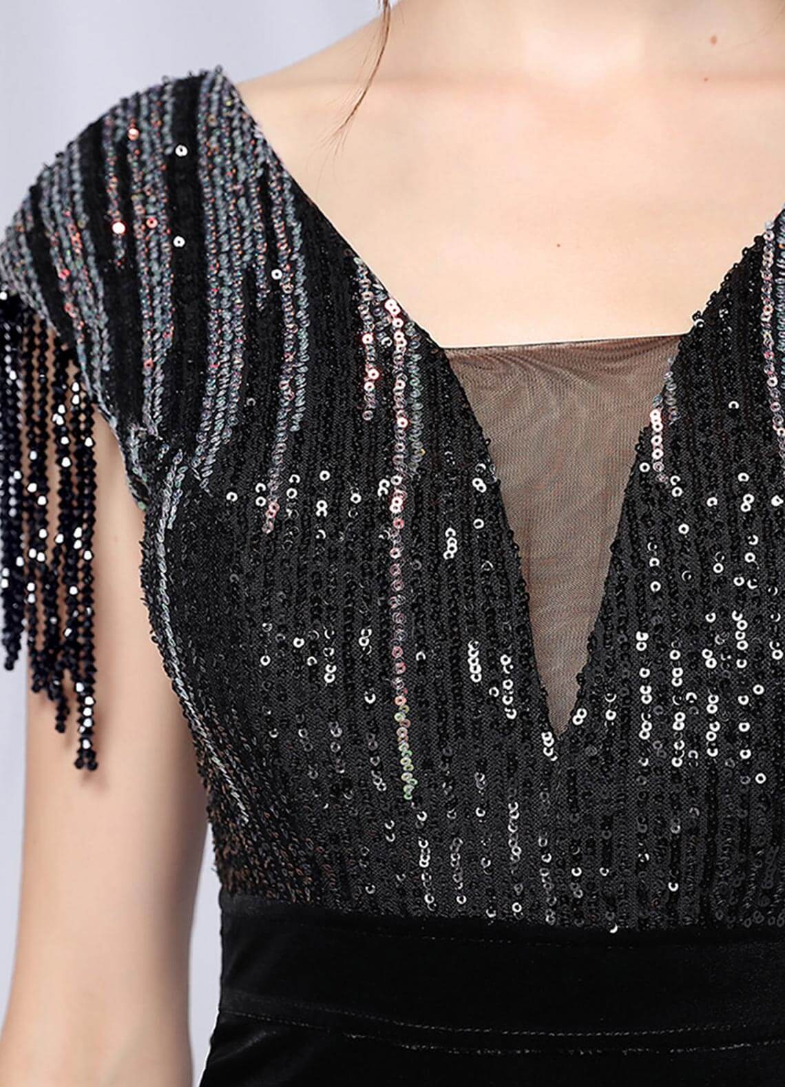 Elegant Black Velvet Sequin Mermaid Maxi Dress with Tassels & High Slit - Perfect for Prom, Evening Gala & Formal Events