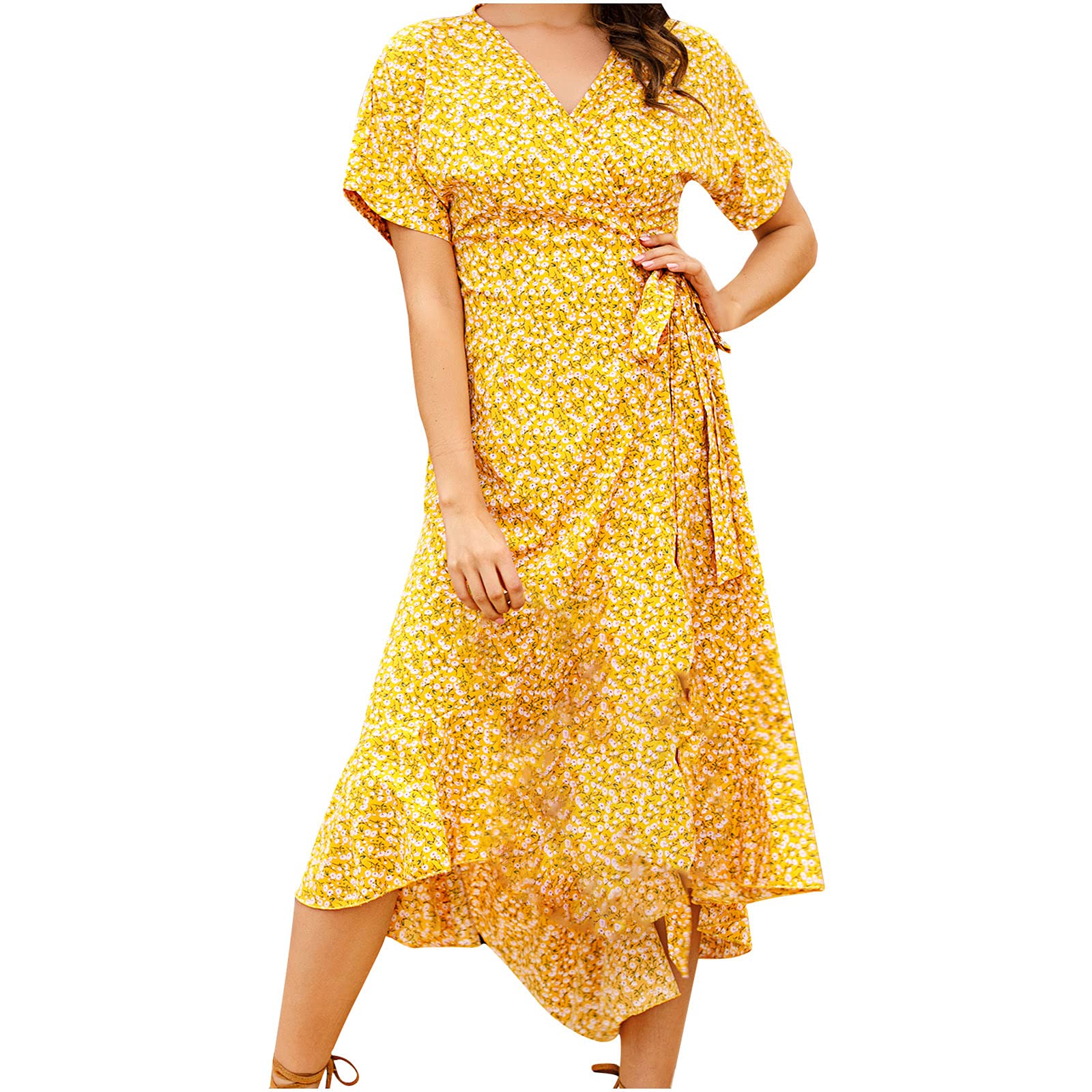 Bohemian Wrap Dresses for Women - V Neck Short Sleeve Ethnic Maxi Dress with High Slit | Perfect for Beach Vacations, Summer Outings & Boho Fashion