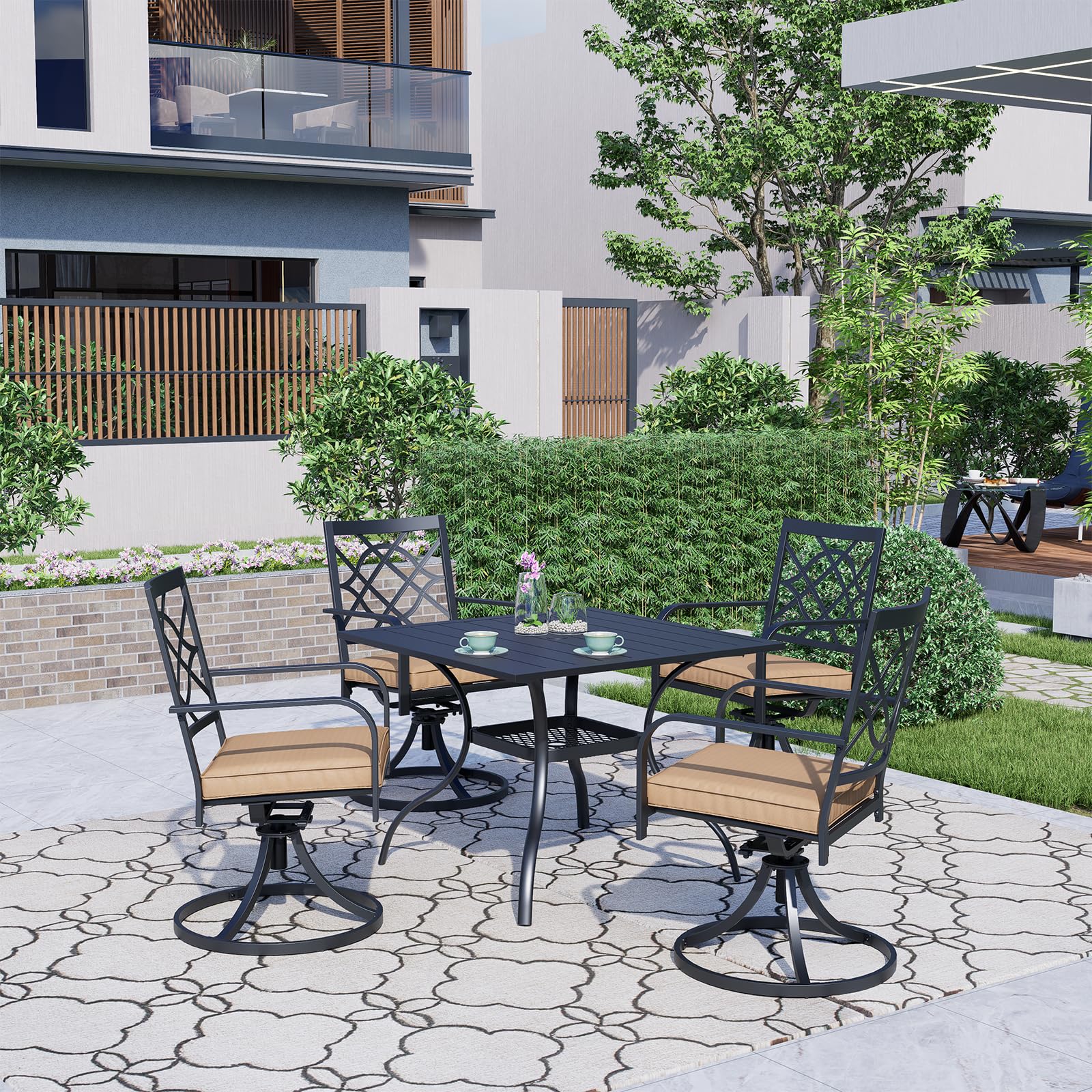 Oakcloud 5-Piece Metal Outdoor Patio Dining Set - 4 Swivel Chairs & Square Table with Umbrella Hole - Perfect for Backyard, Garden, Poolside & Outdoor Entertaining