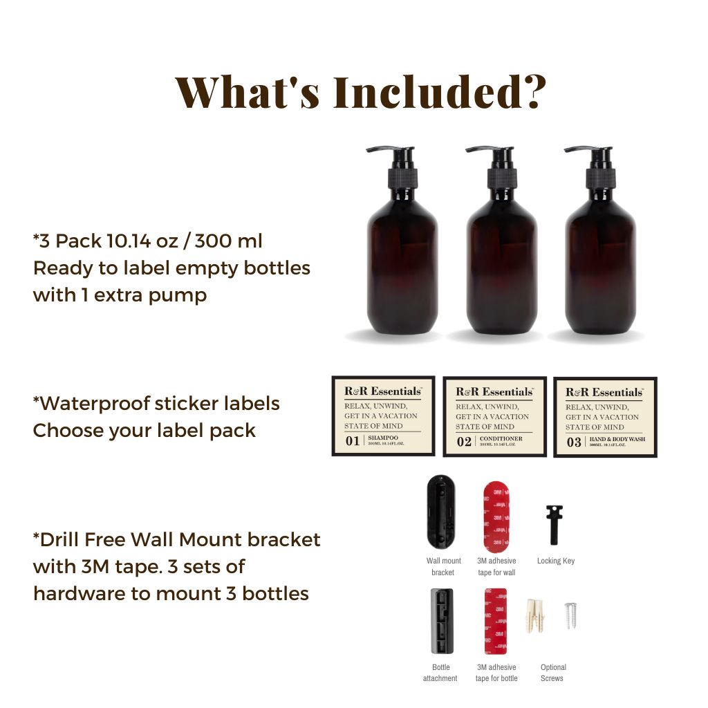 R&R Essentials 3-Pack Empty Pump Bottles with Labels & Wall Mounts - Perfect for Bathroom, Kitchen, and Salon Organization