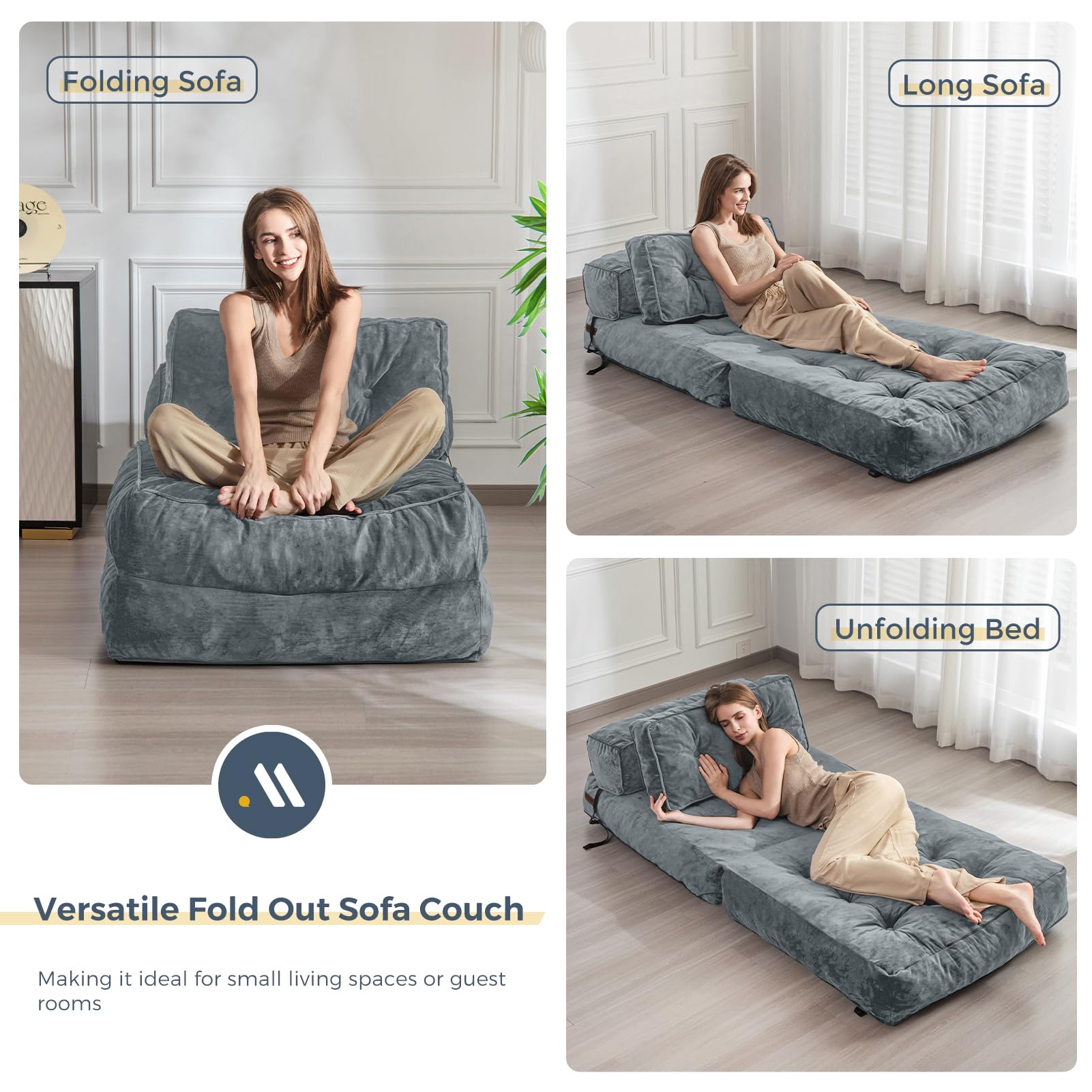 MAXYOYO Velvet Convertible Folding Sofa Bed - Dark Grey Sleeper Chair with Pillow | Portable Fold Out Guest Bed for Small Spaces, Living Room & Dorm Room