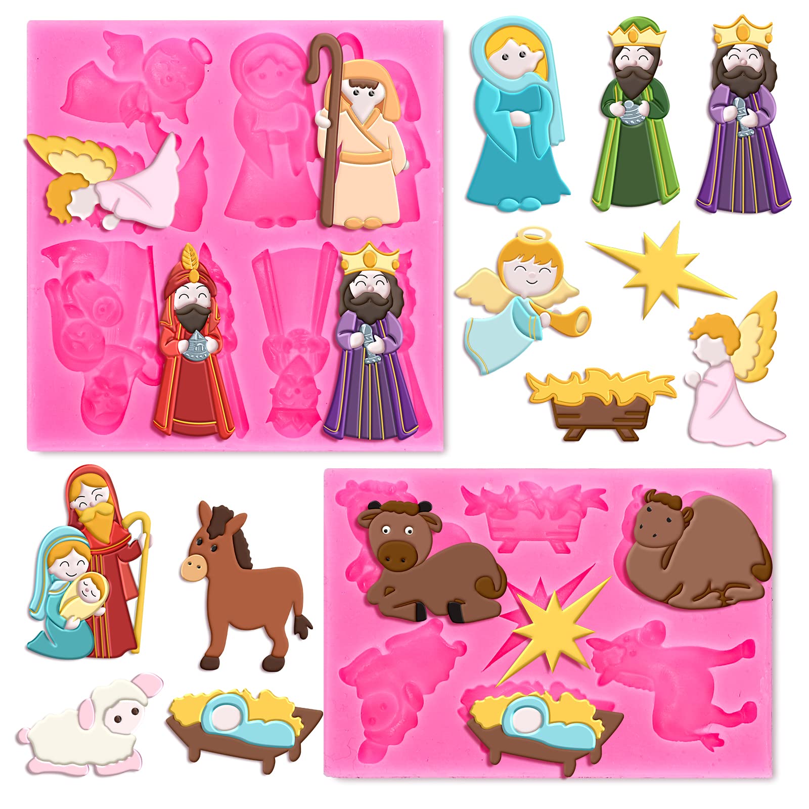 Whaline 2-Piece Christmas Nativity Silicone Mold Set - Jesus Birth Scene Fondant & Resin Baking Molds for Cake Decorating, DIY Candy, Chocolate & Cookie Making - Perfect for Holiday Baking, Christmas Party Treats & Festive Home Decor