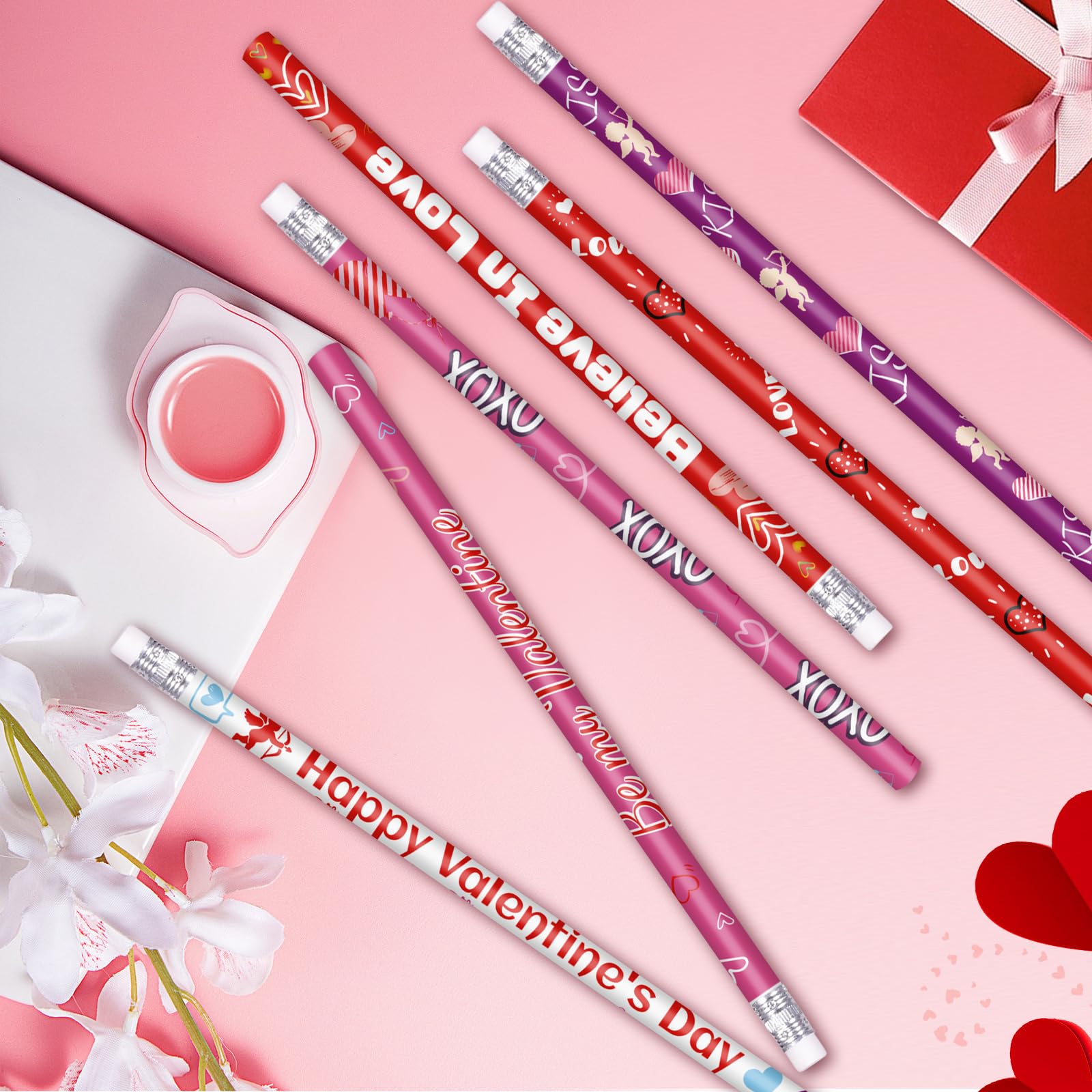 Valentine's Day Pencils Bulk - 24 Pack with Erasers, 6 Cute Styles for Teachers & Students | Perfect for Classroom Gifts, Party Favors & School Supplies