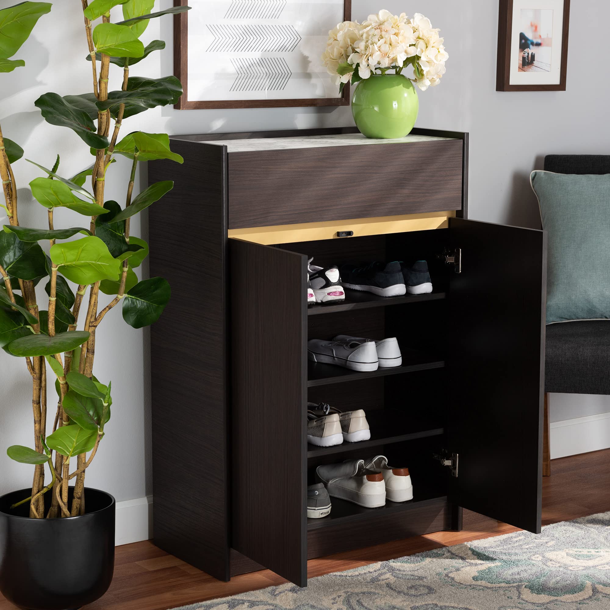 Baxton Studio Walker Modern Shoe Cabinet - Dark Brown & Gold Wood with Faux Marble Top | Entryway Storage Organizer for Hallway, Bedroom & Closet