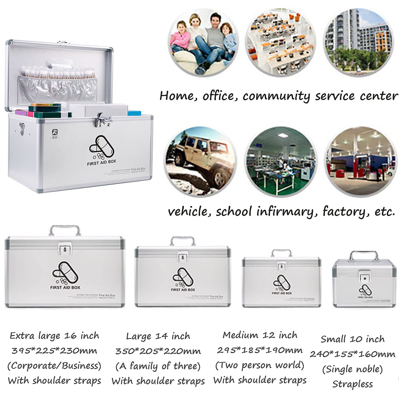 Lockable First Aid Box with Security Lock - 16in Portable Medicine Storage Box with Handle - Ideal for Home, Office, and Emergency Kits