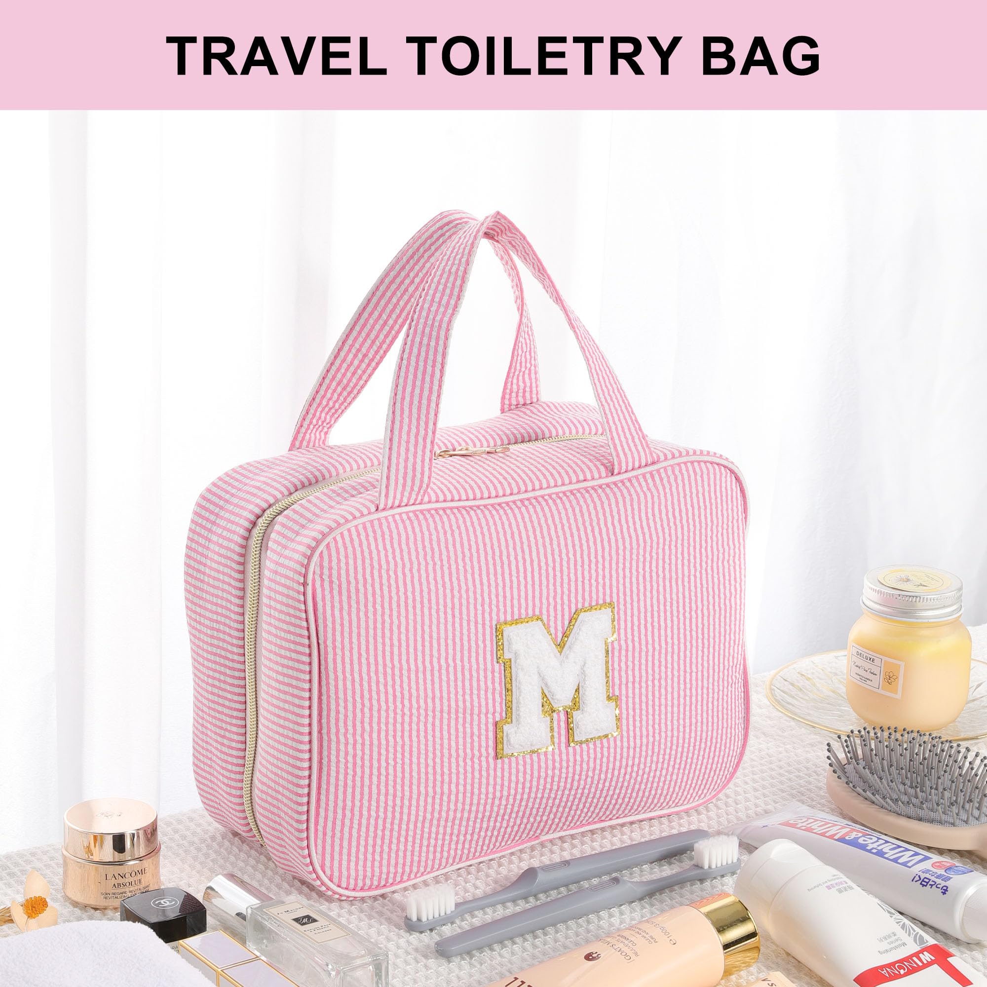 Personalized Initial Makeup Bag for Women & Teens - Monogrammed Hanging Toiletry Cosmetic Bag (Letter M, Pink) - Perfect Birthday Gift for Daughter, Sister & Friends - Great for Travel, Gym & Daily Beauty Organization