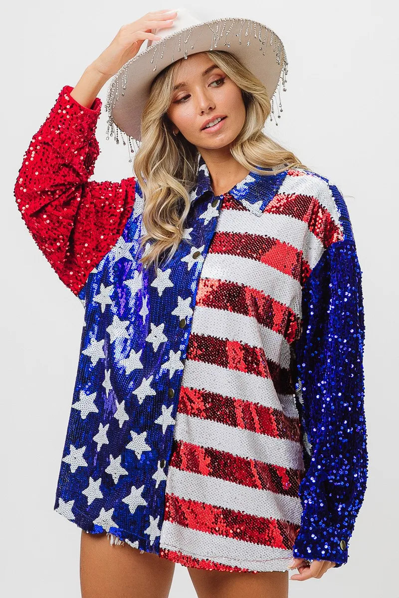 BiBi Velvet Sequin American Flag Shirt - Patriotic Women's Fashion Top for 4th of July, Parties & Festive Events