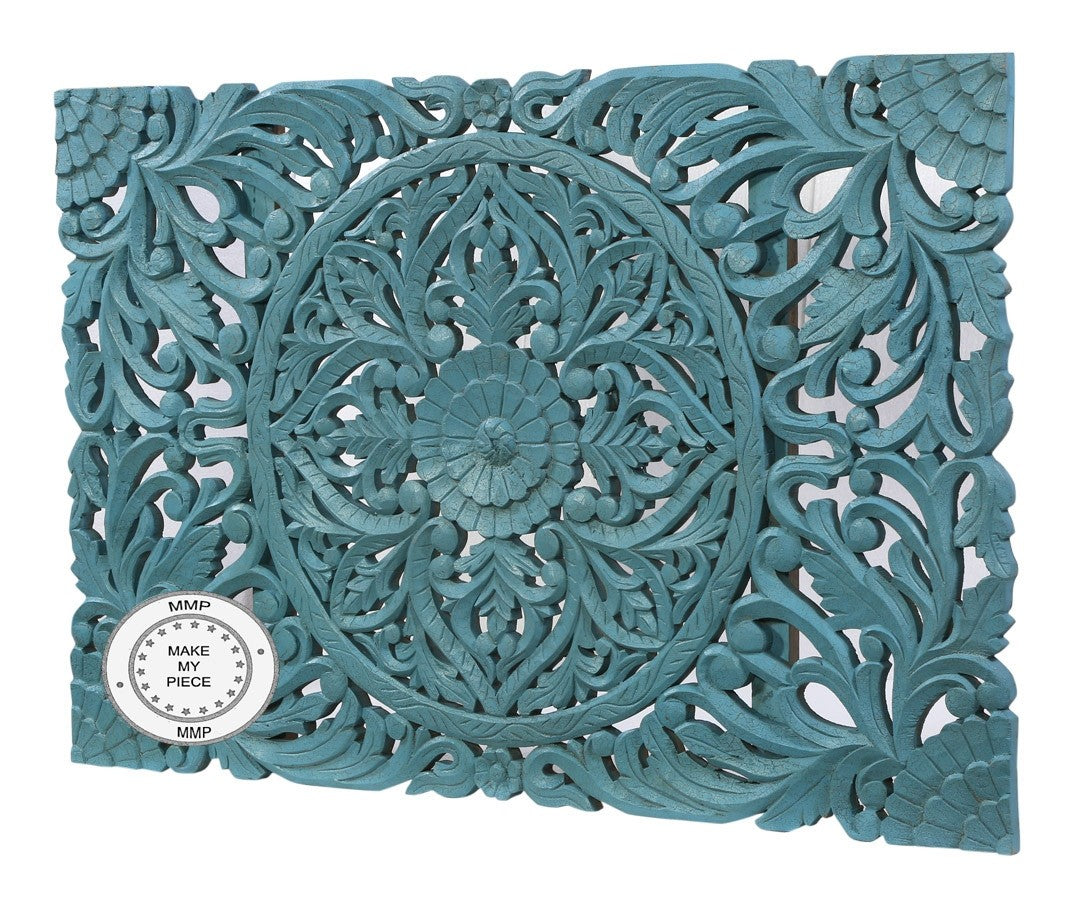 Hand Carved Indian Wooden Panel Bedhead in Blue - Exquisite Dynasty Design for Bedroom Decor | Perfect for Master Bedroom, Guest Room & Meditation Space