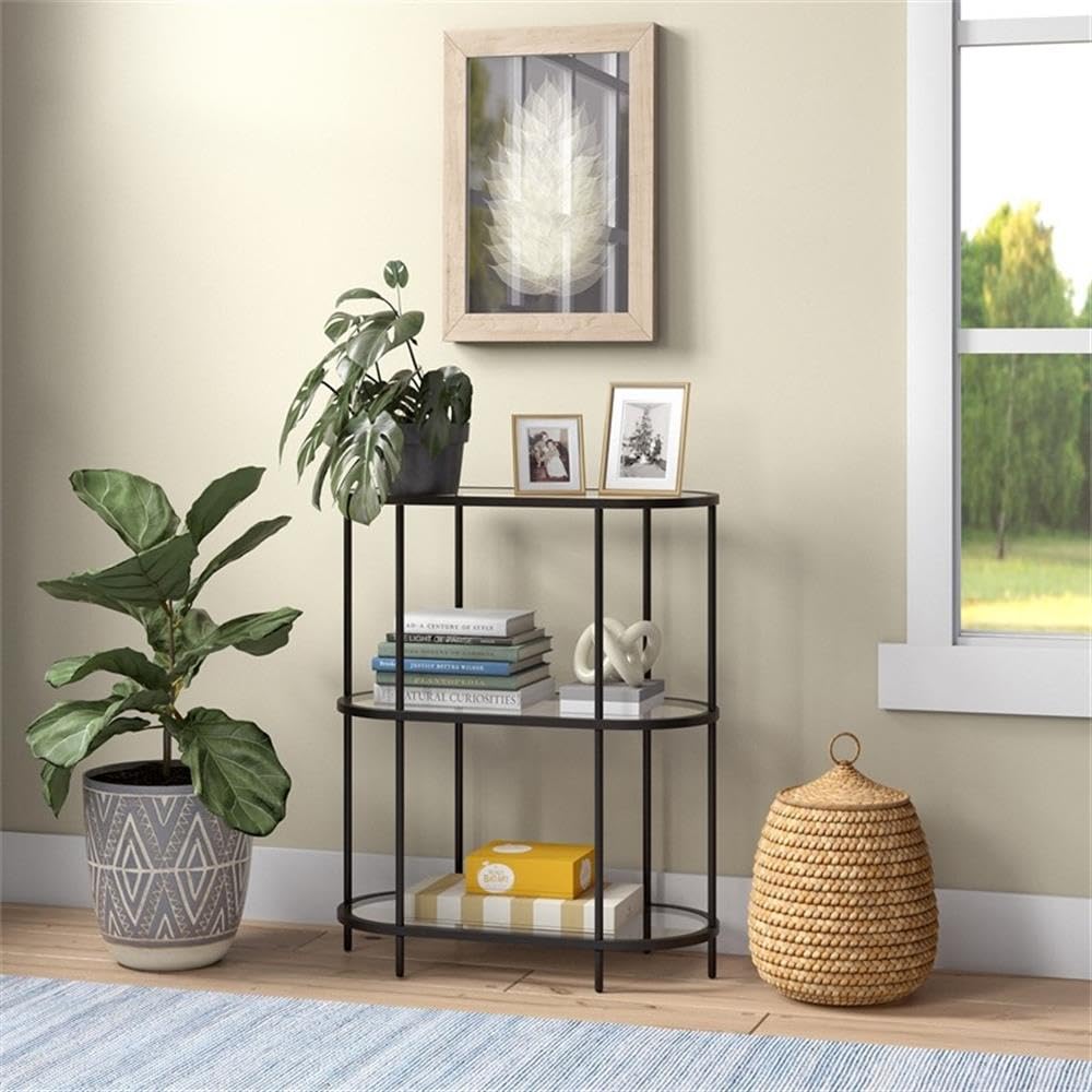 Vintage Mid-Century Modern Metal Bookcase with 5 Glass Shelves - Black Bronze Finish for Living Room, Office & Library Storage