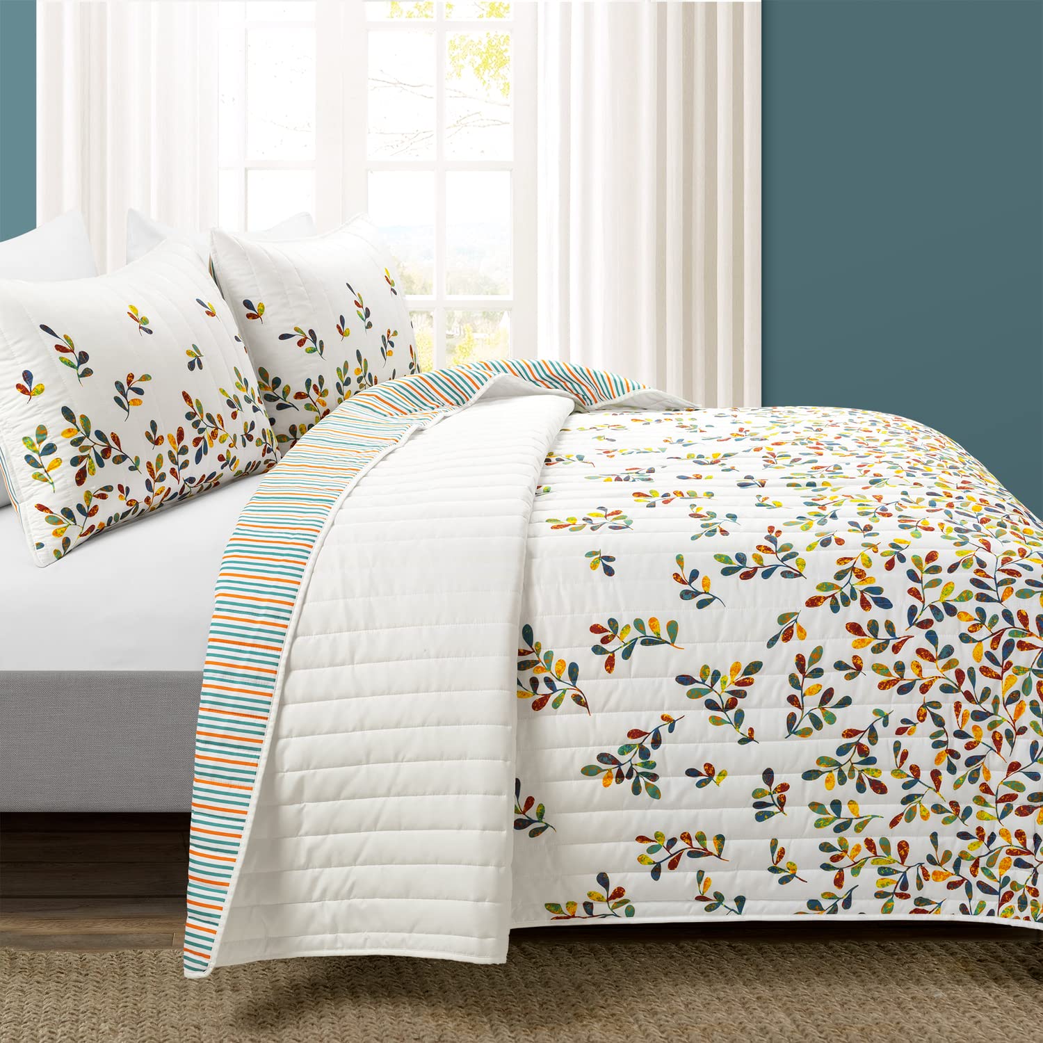 Boho Leaf Reversible Quilt Set King - Turquoise & Tangerine for Bedroom Decor