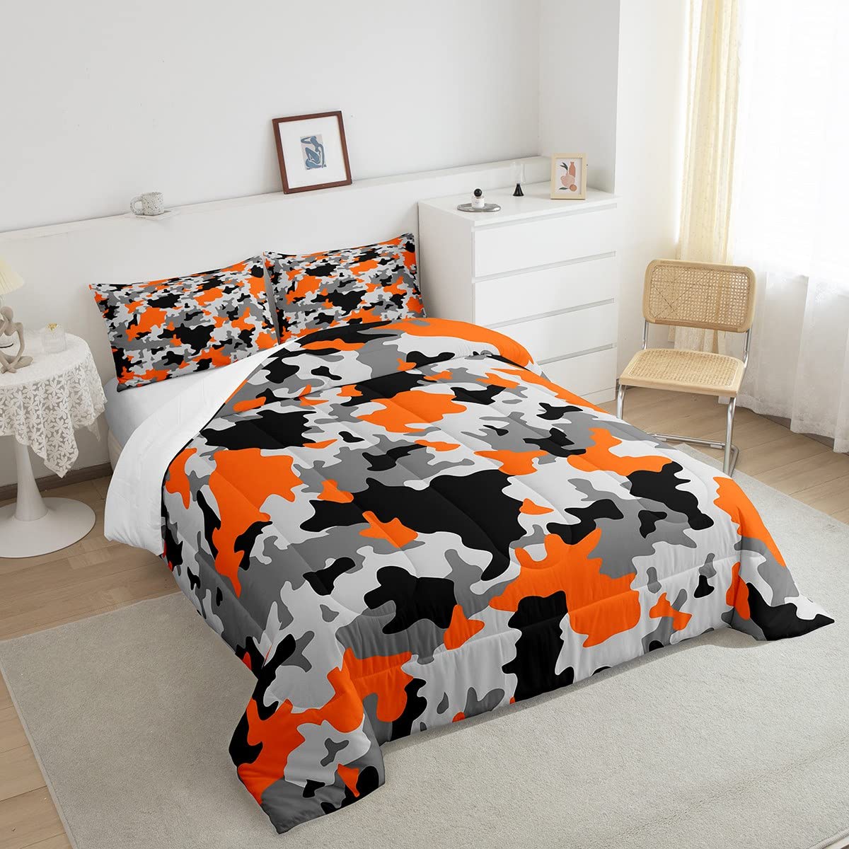 **Army Camouflage Comforter Set 3Pcs Queen Size - Kids Boys Girls Teens Youth Bedding - Orange Grey Black Camo Design - Perfect for Bedroom Decor & Military Theme Rooms**