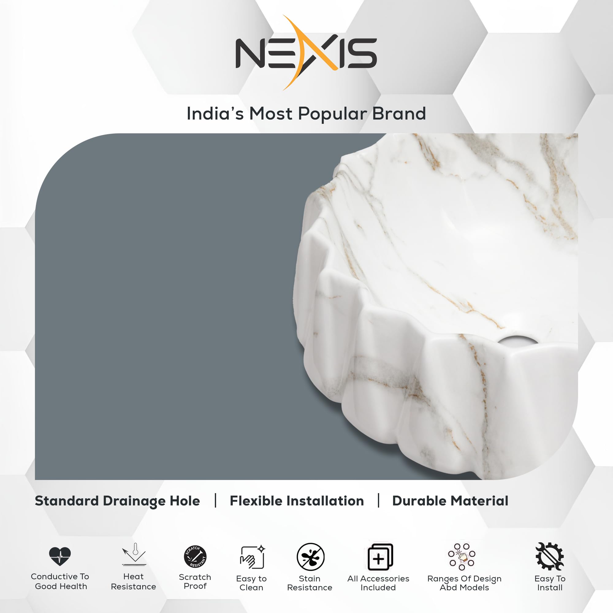 NEXIS Designer Glossy Finish Ceramic Vessel Sink - 16x16x5 Inch Art Wash Basin for Bathroom Vanity | Modern Table Top Sink in Lizza 603 White Brown | Perfect for Contemporary Home & Luxury Hotel Decor