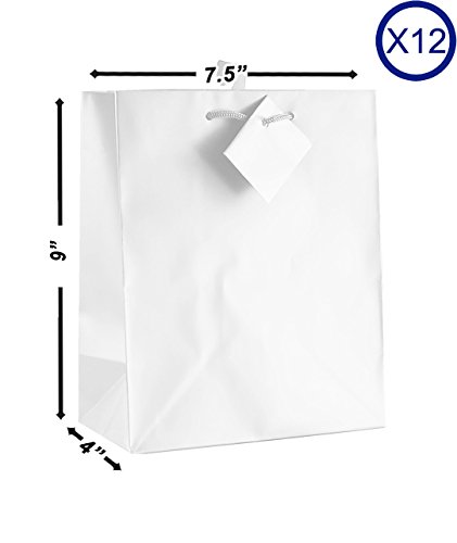 12-PC Solid Color White Gift Bags - Matt Laminated Paper Impression Bags for Birthday, Wedding & Party Favors Packaging