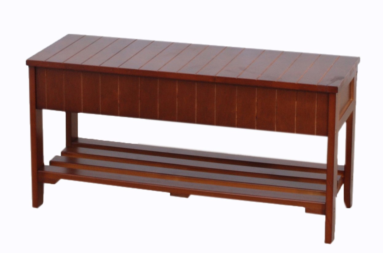 Roundhill Furniture Solid Wood Shoe Bench with Storage - Cherry Finish, Entryway Shoe Organizer & Seating for Hallway, Mudroom, or Bedroom