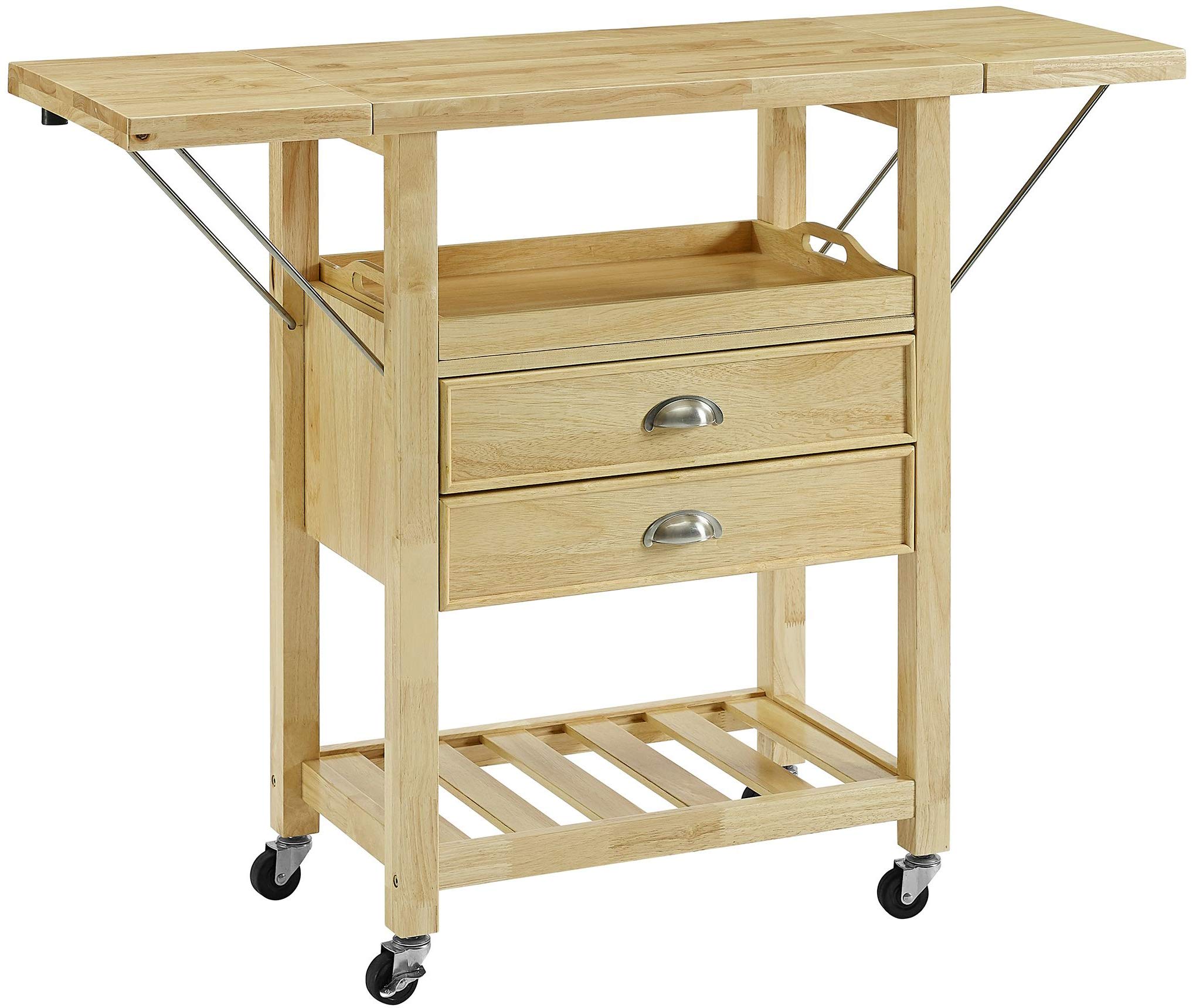 Crosley Bristol Drop Leaf Rolling Kitchen Cart with Serving Tray & Shelves - Microwave Stand, Storage Organizer for Small Spaces, Natural Wood - Perfect for Apartments, Dorms & Compact Kitchens
