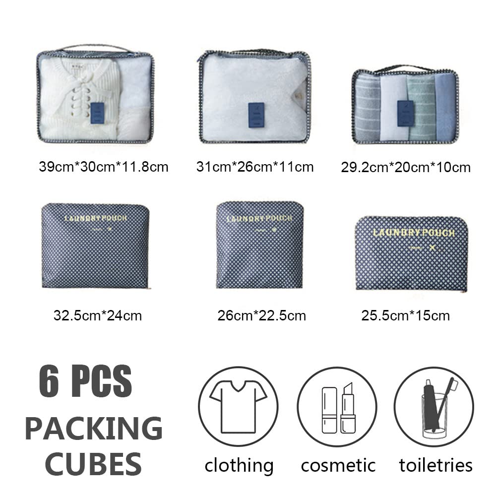 Rojeam 6-Piece Packing Cubes Set - Travel Luggage Organizers for Suitcases with Blue Stars Pattern | Perfect for Carry-On Bags, Business Trips & Vacation Packing
