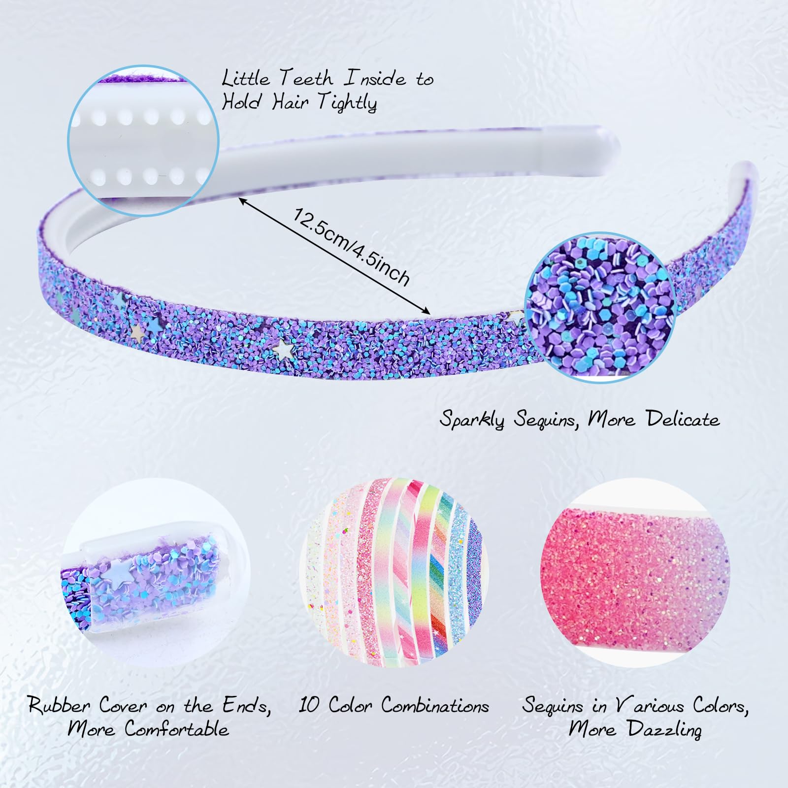 10 Pack Colorful Glitter Sequin Elastic Hairbands with Mini Teeth - Thin Rainbow Headbands for Girls, Women & Kids | Perfect for Parties, School, Sports & Daily Styling