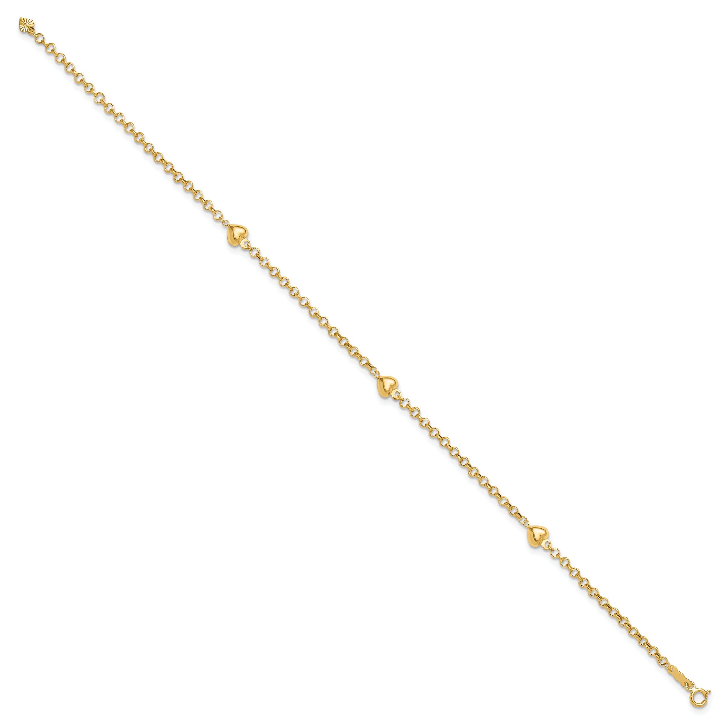 14K Gold Puff Heart Anklet Bracelet - 10