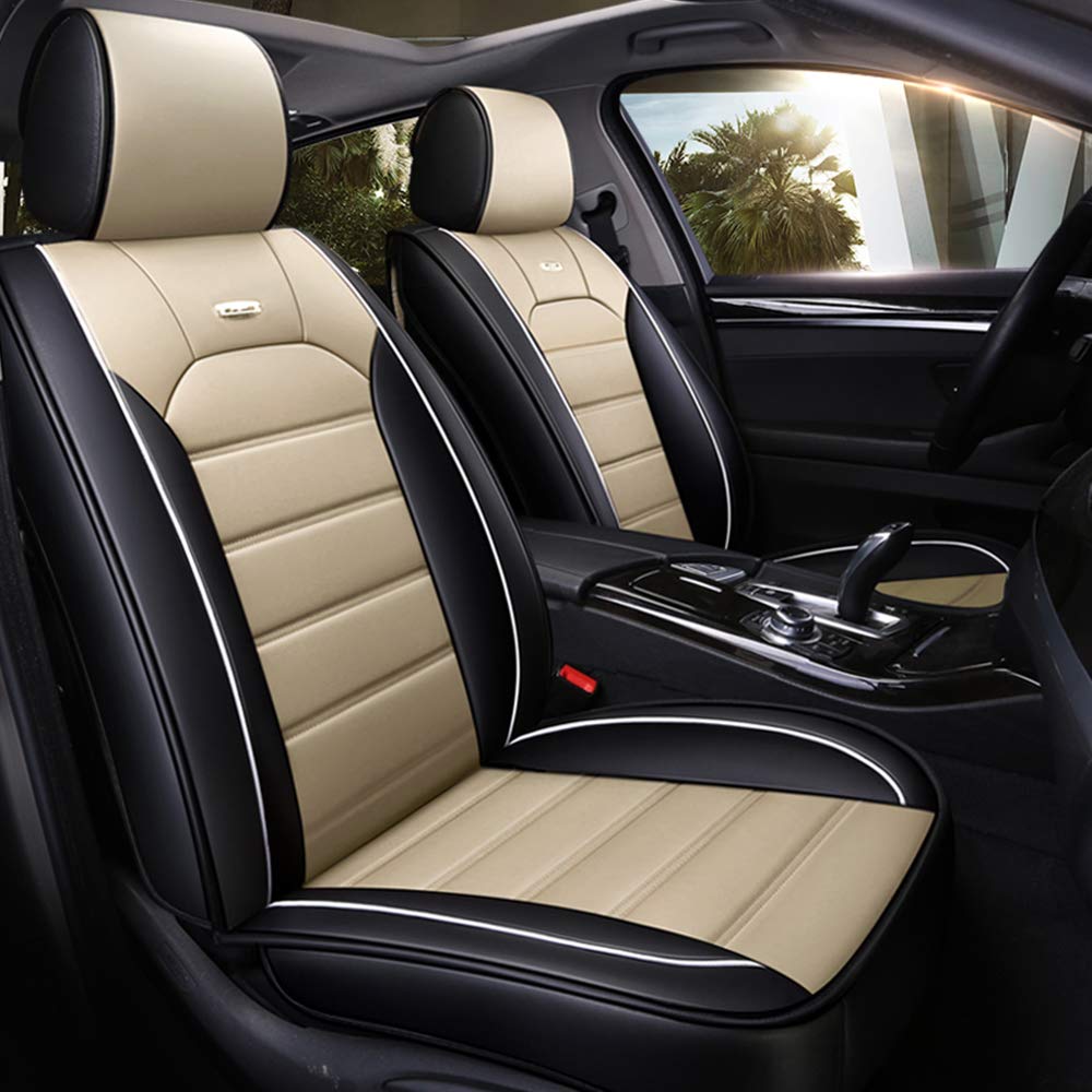 Premium otoez Leather Car Seat Covers Full Set - 5-Piece Universal Waterproof Seat Protectors for Sedans & Trucks (Beige) | Front & Back Seat Covers for Comfort & Style | Perfect for Daily Commute, Road Trips & Vehicle Protection