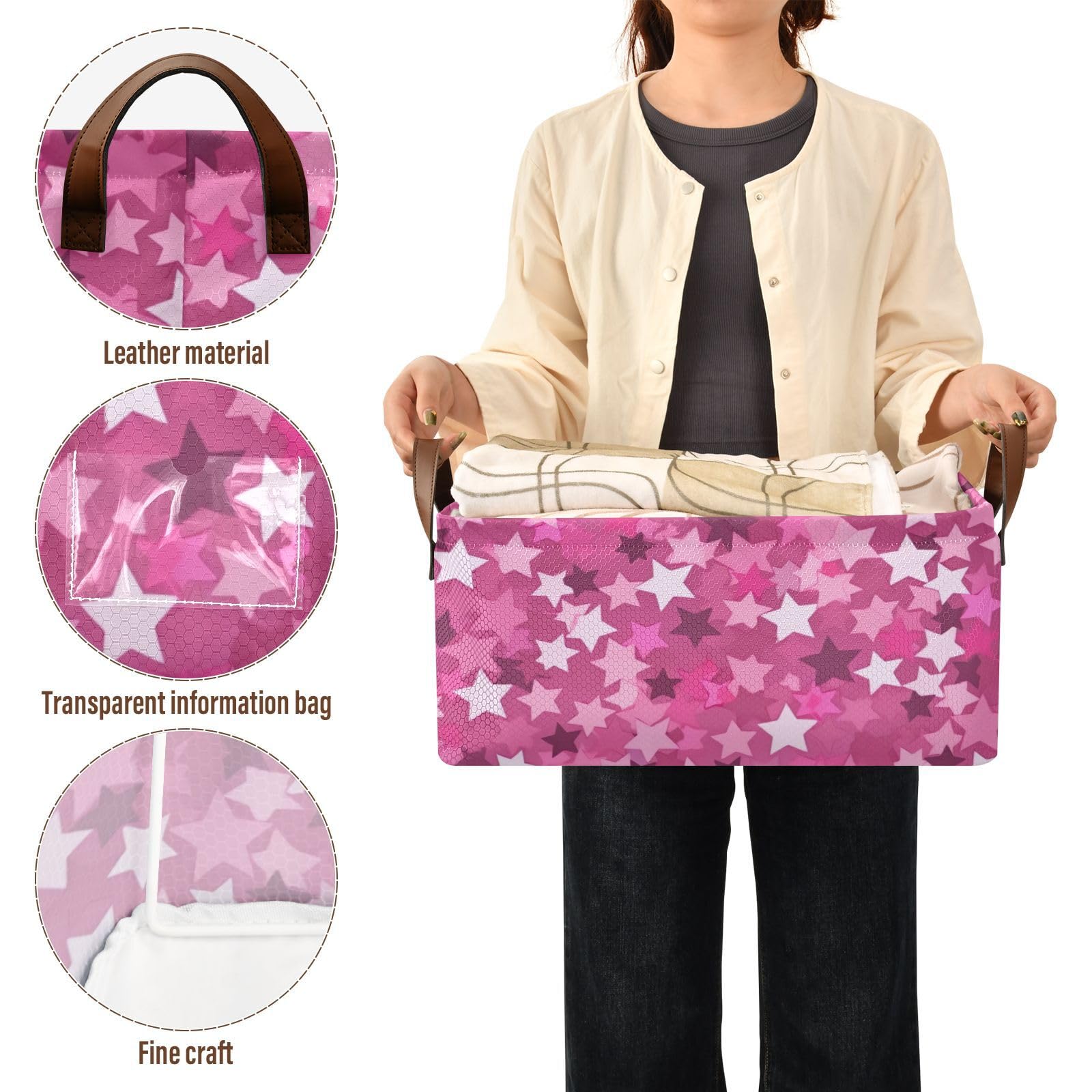 Pink Stars Large Fabric Storage Baskets with Handles - 2 Pack Closet Organizer Bins for Shelves, Home & Office Organization | Perfect for Bedroom, Bathroom & Kids Room Storage