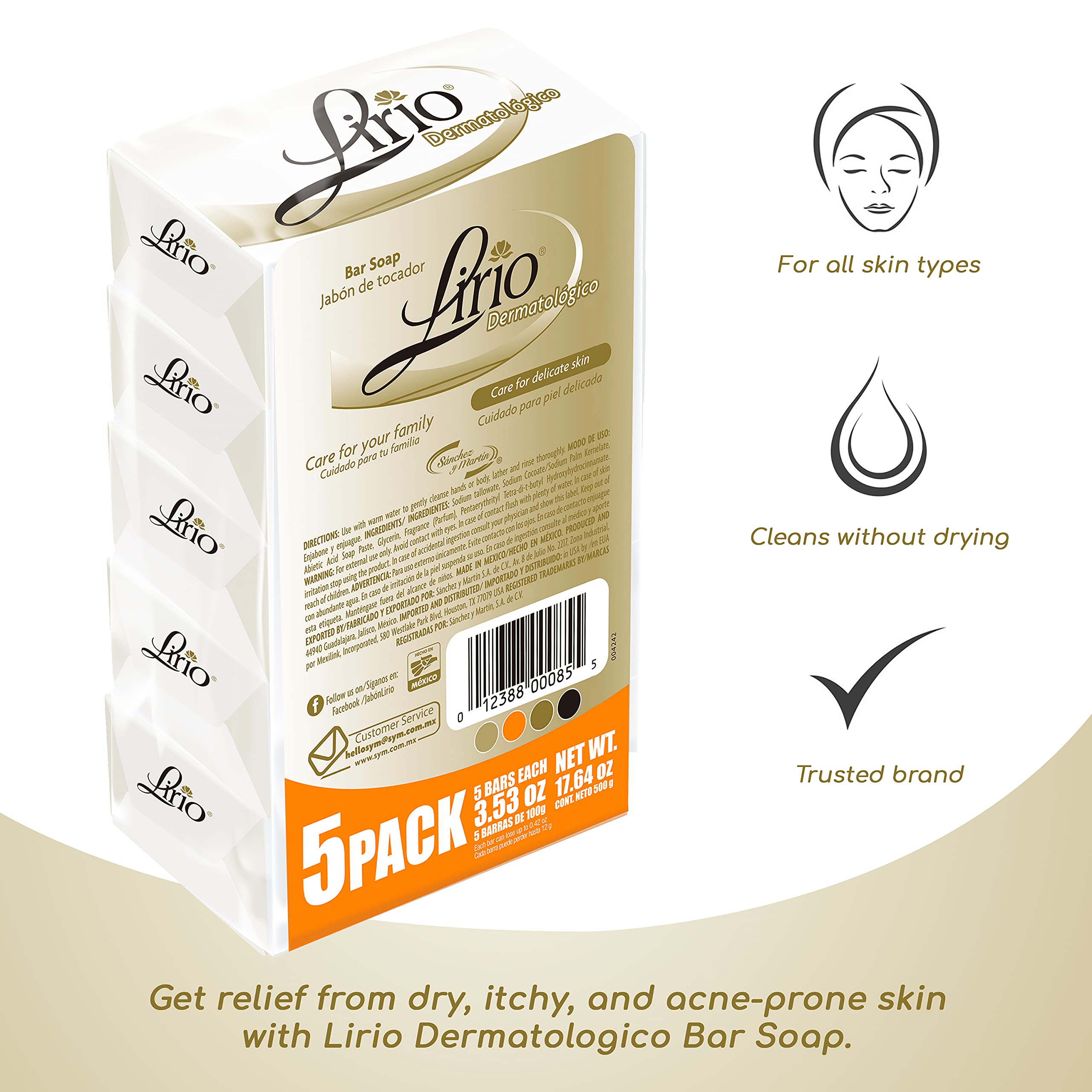 Lirio Derma Bar Soap - Dermatologist Recommended Body Soap for Sensitive Skin, 3.5oz (Pack of 5) - Gentle Cleansing for Eczema, Psoriasis & Dry Skin - Ideal for Daily Shower & Bath Use